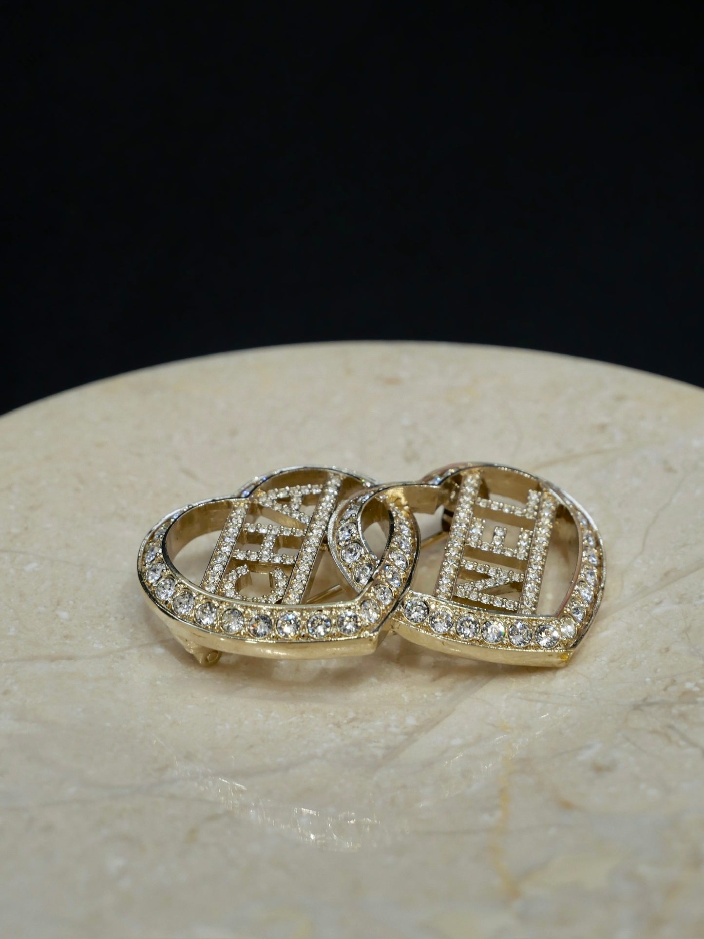 Chanel 2023 Crystal Double Heart CC Brooch