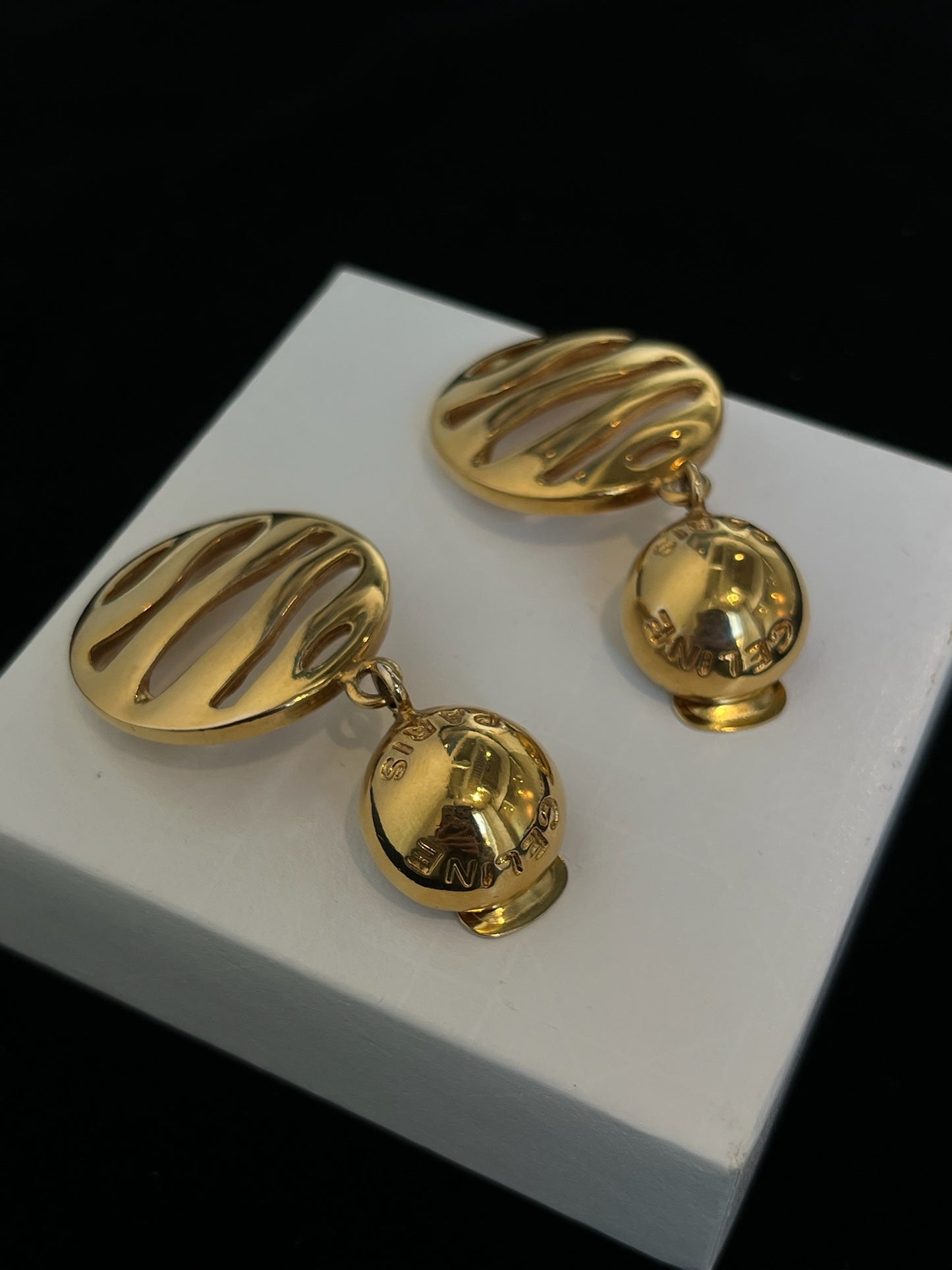 Celine Vintage Cutout Disc Drop Earrings (Gold Tone)