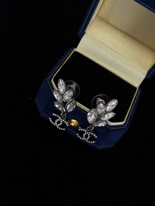 Chanel Crystal Leaf CC Drop Earrings – Silver Tone