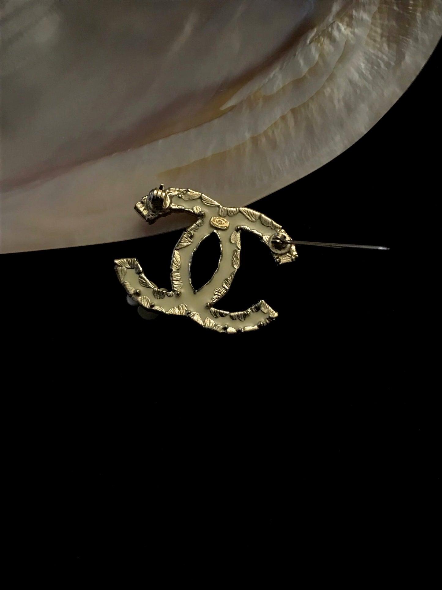 Chanel 2012 Pearl-White Gold-Edged Camellia Brooch