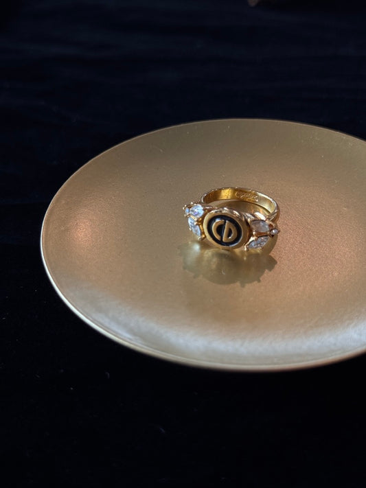 Dior Vintage CD Monogram Statement Ring – Gold-Tone with Crystal Accents