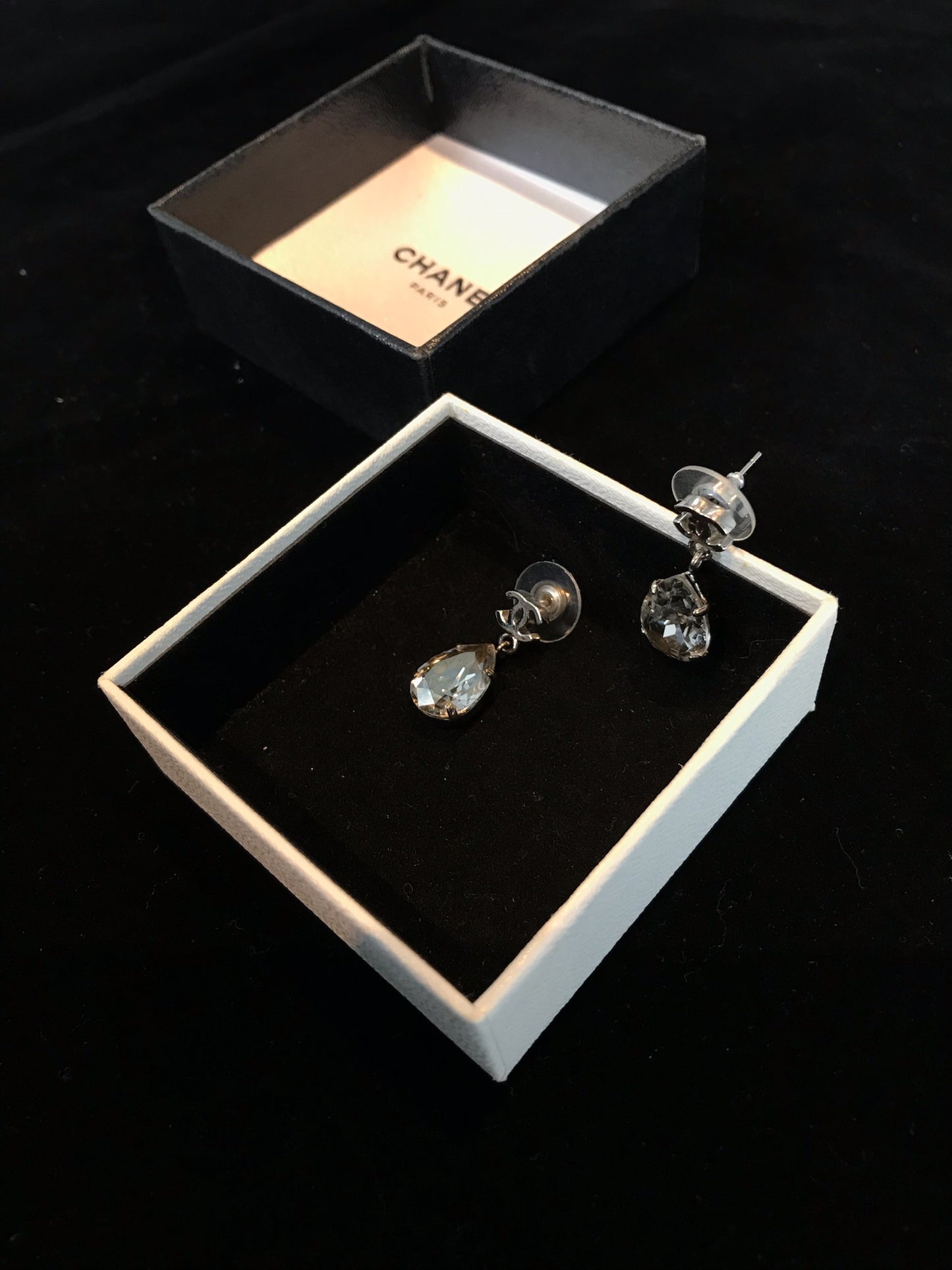 Chanel 2012 Silver Double C Diamond Drop Earrings