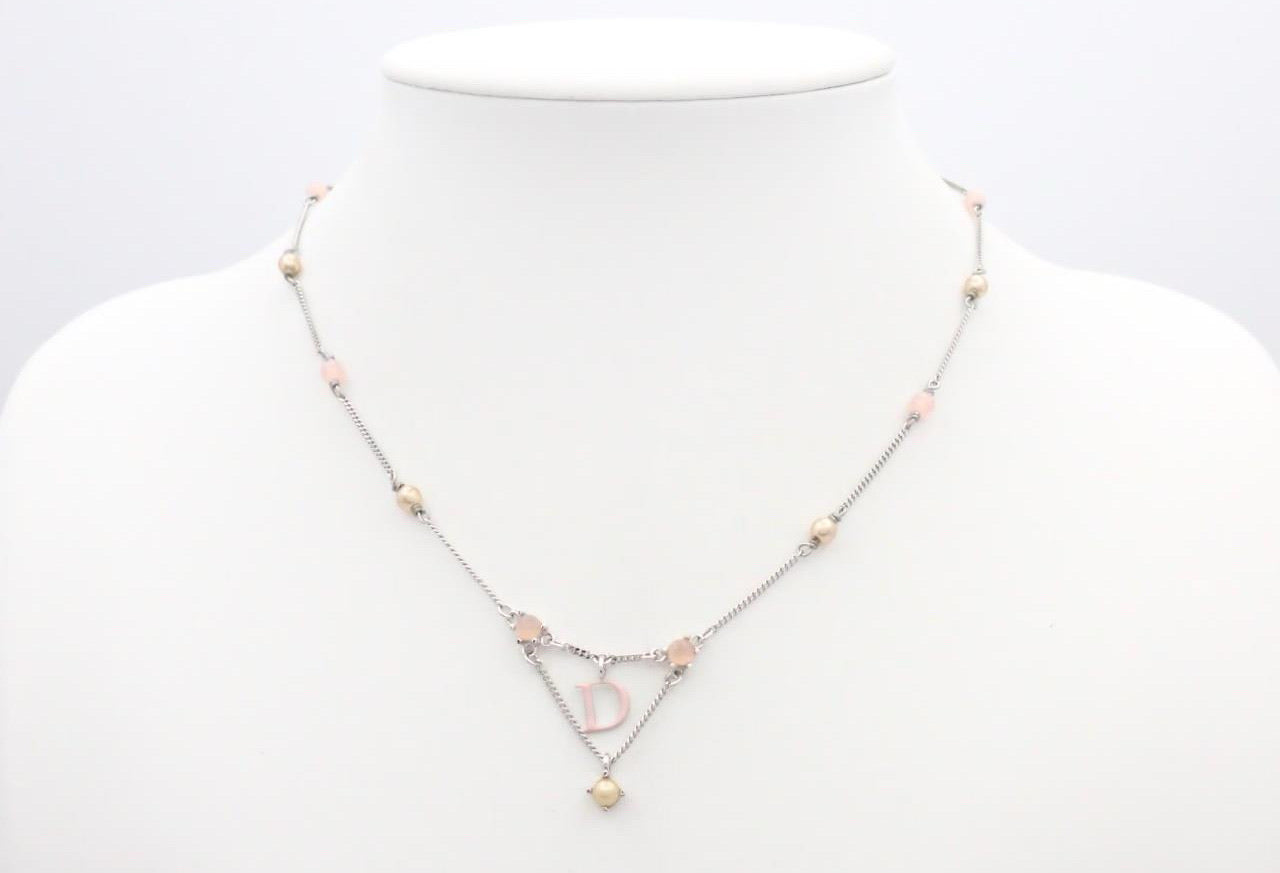 Dior Pink D Charm Beaded Necklace – Silver Tone