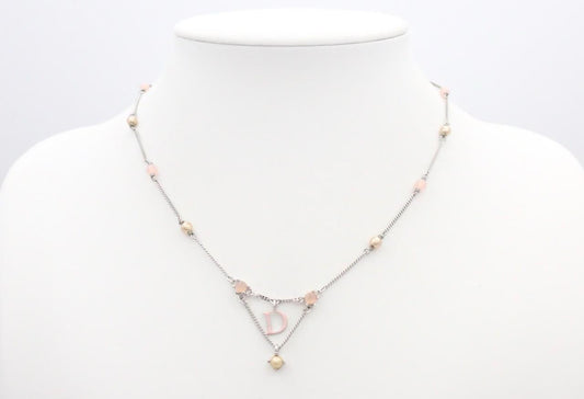 Dior Pink D Charm Beaded Necklace – Silver Tone