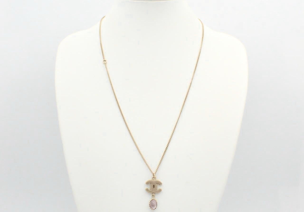 Chanel 2012 Gold CC Logo Pink Crystal Drop Necklace