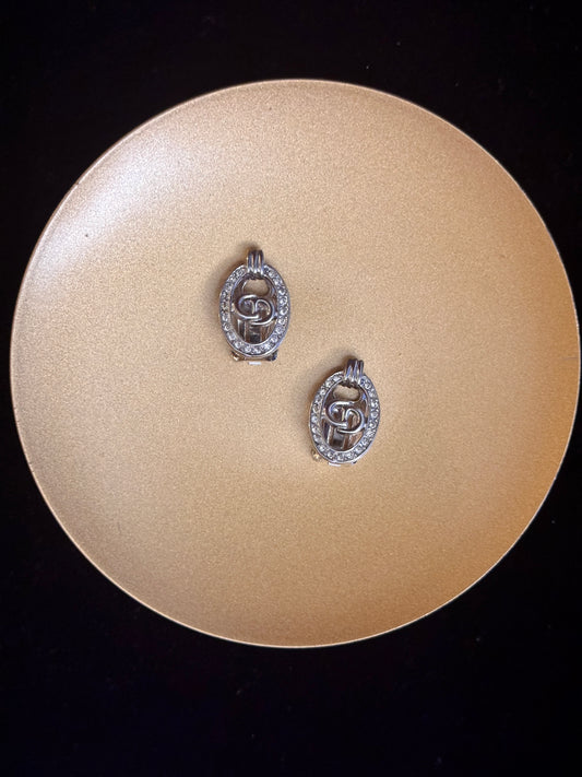 Dior Vintage Silver Crystal Oval Ear Clips