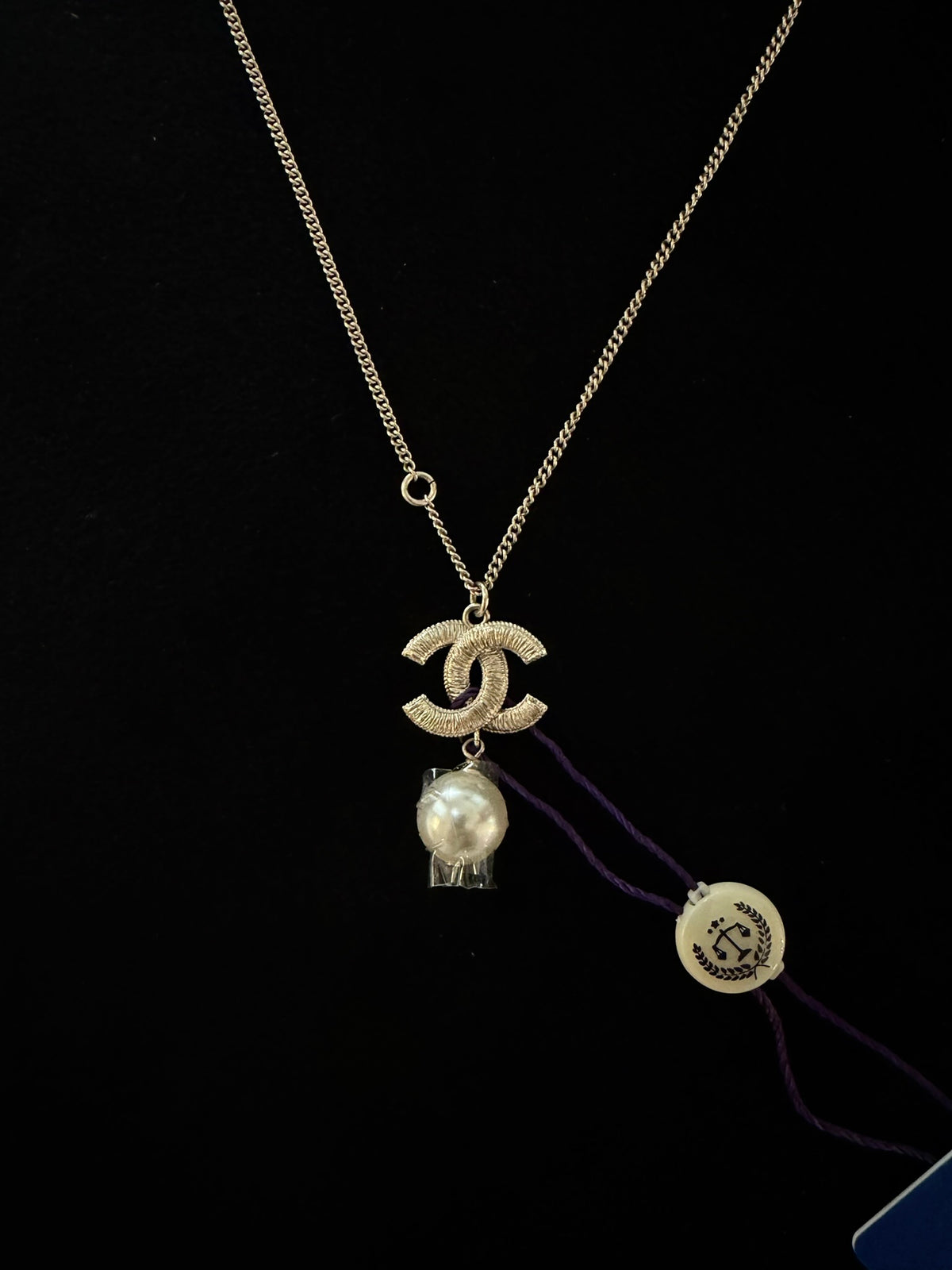 Chanel Crystal CC Faux Pearl Drop Pendant Necklace
