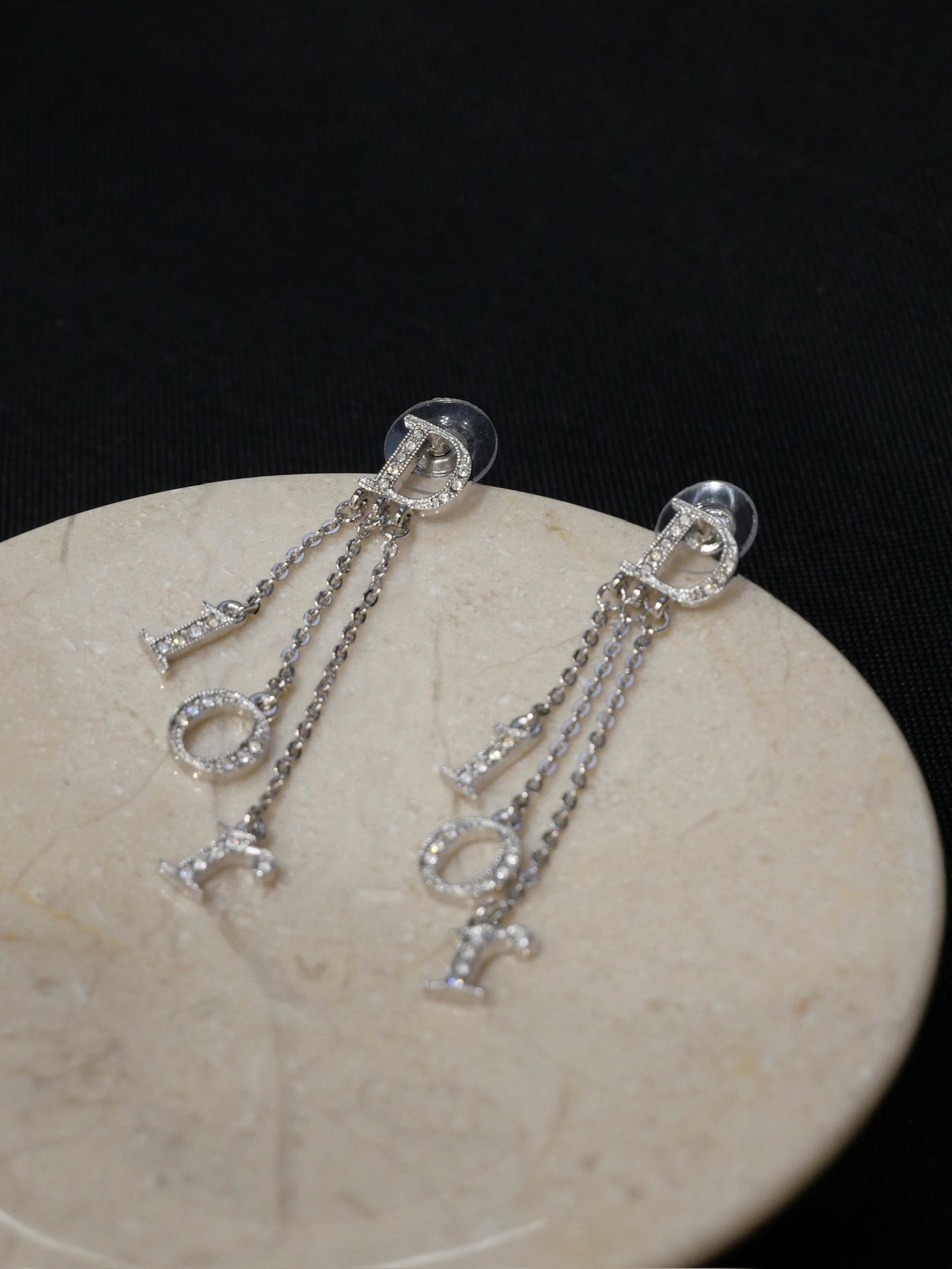 Vintage Dior Crystal Logo Drop Chain Earrings