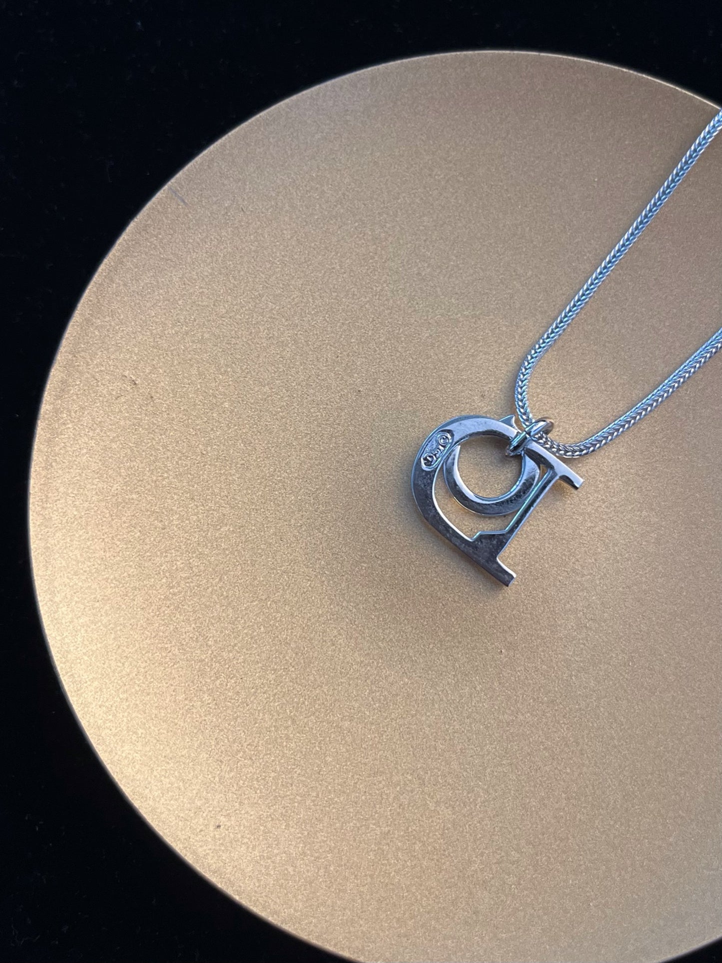 Vintage Dior Crystal Logo Pendant Necklace – Silver Tone