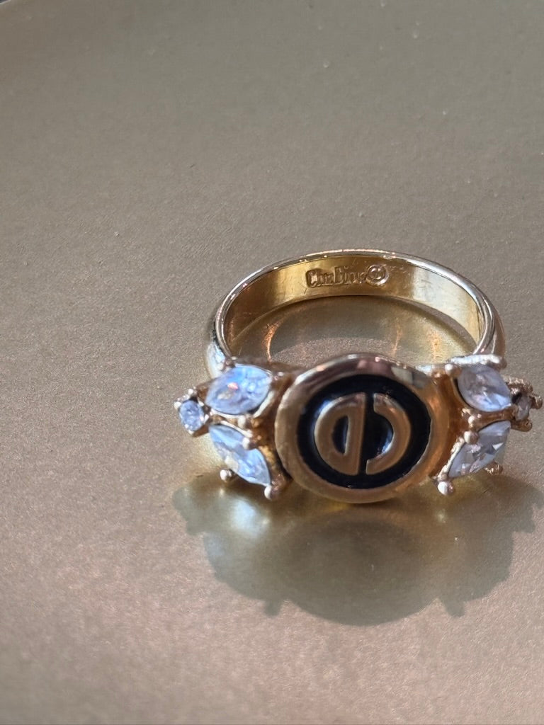 Dior Vintage CD Monogram Statement Ring – Gold-Tone with Crystal Accents