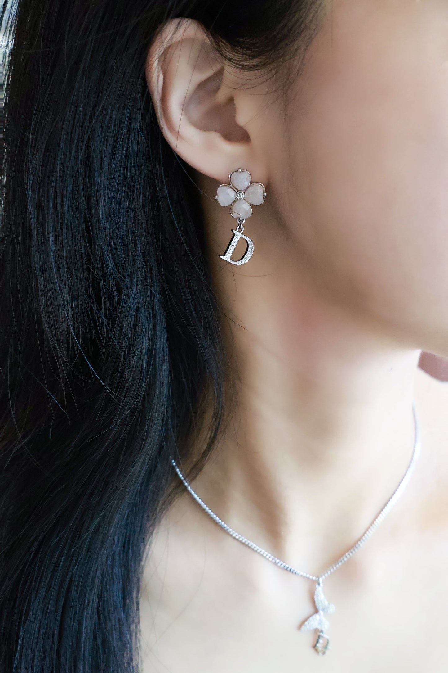 Dior Pink Crystal Clover Drop “D” Earrings