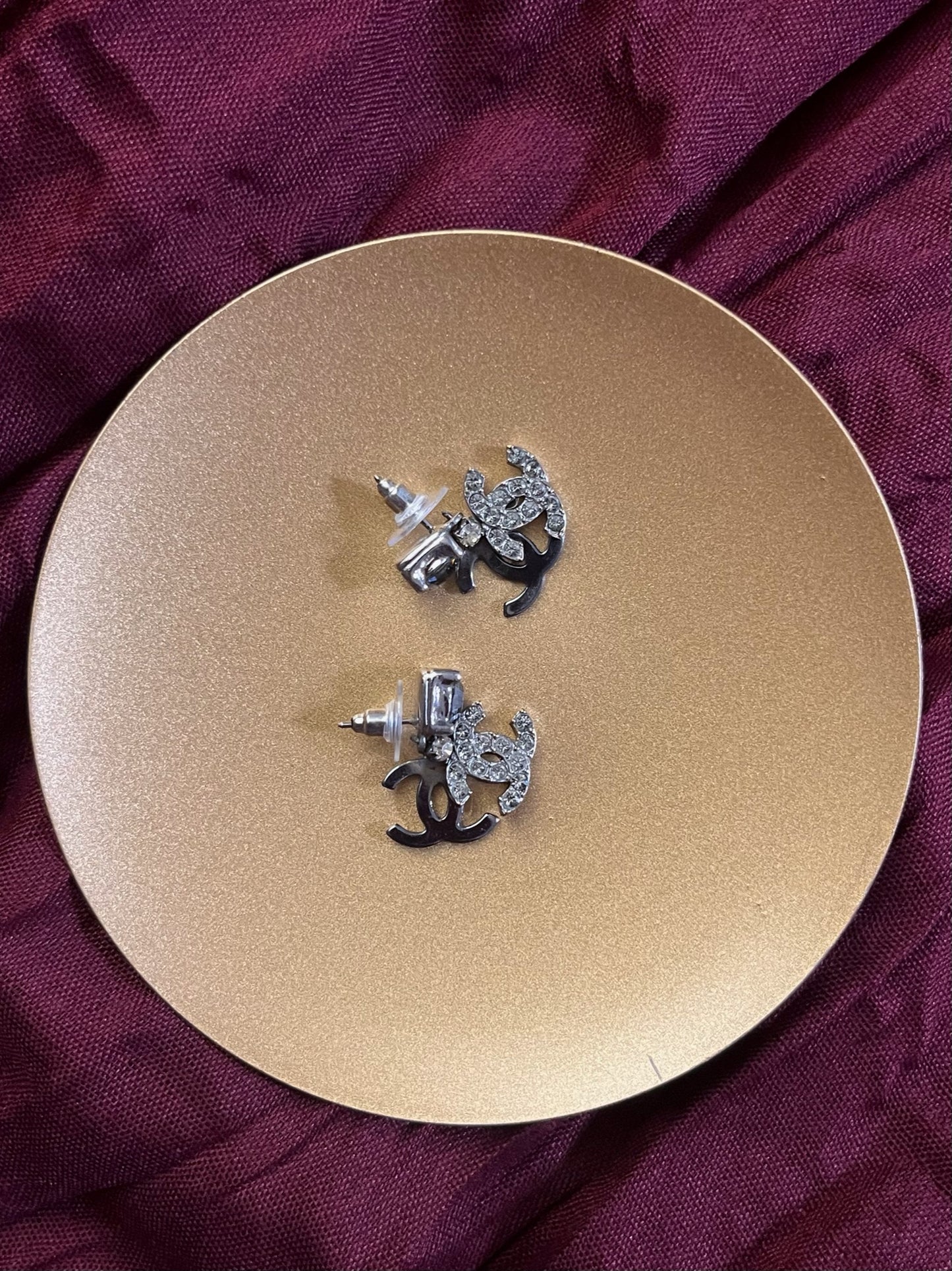 Chanel 2003 Black & Silver Double CC Crystal Drop Earrings