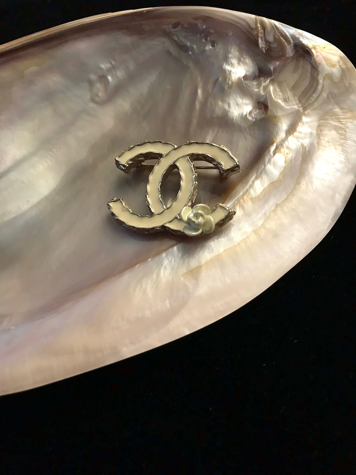 Chanel 2012 Pearl-White Gold-Edged Camellia Brooch