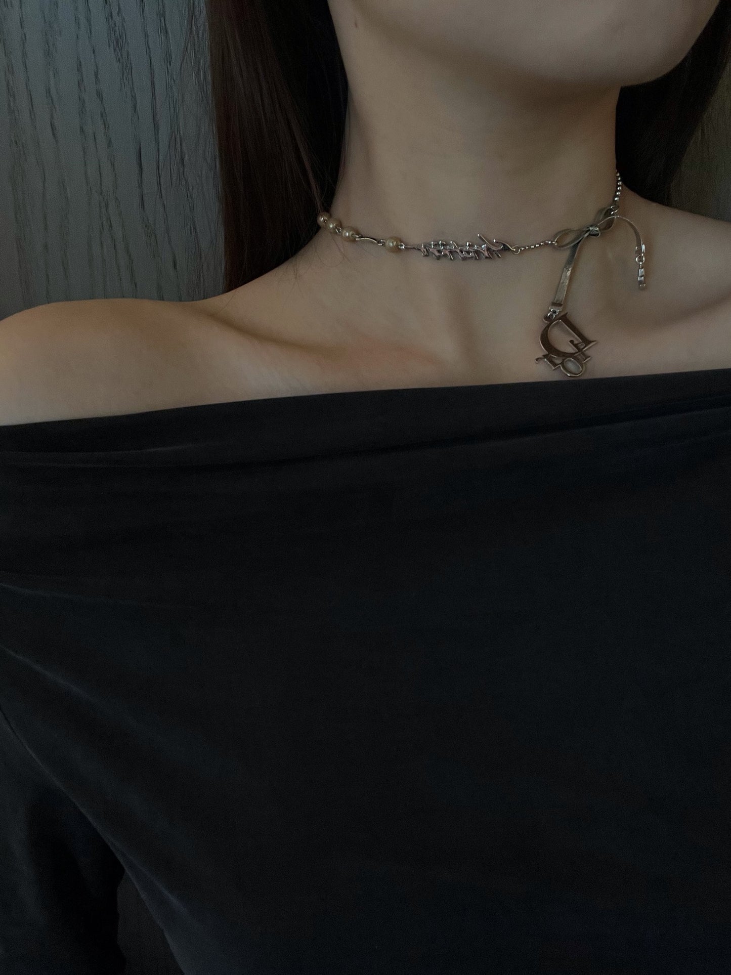 Dior Vintage Silver-Tone Bow & Pearl Choker Necklace