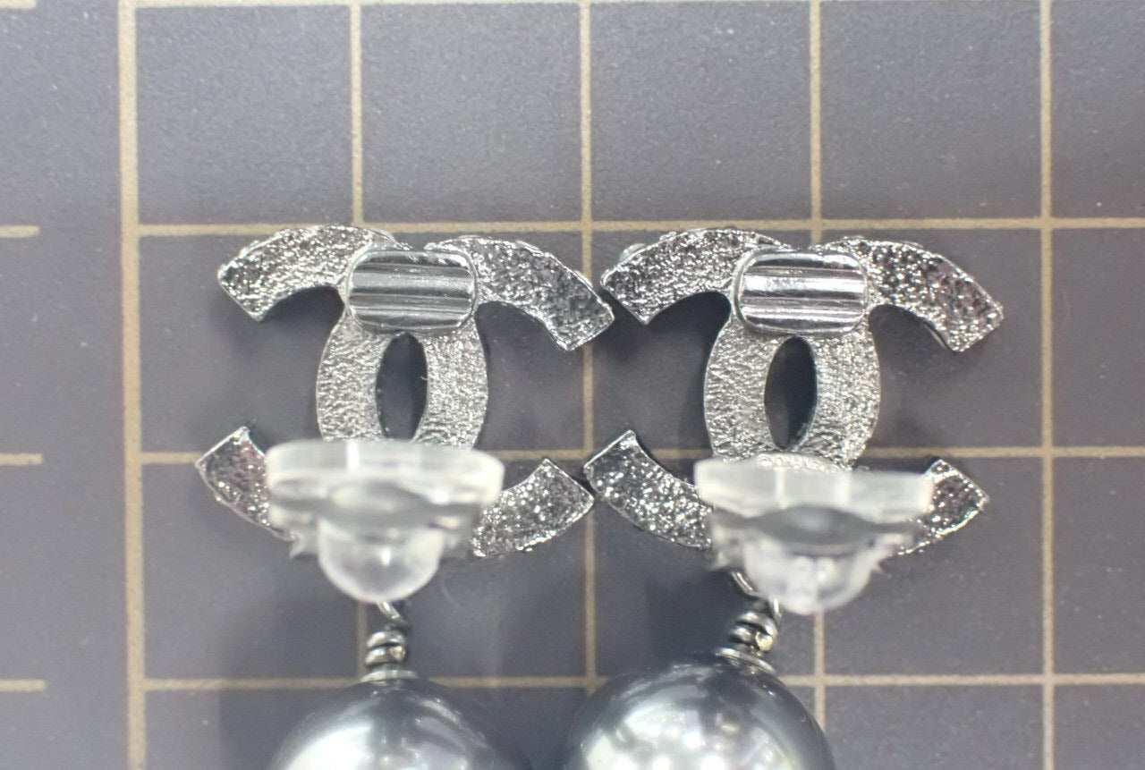 Chanel 2003 Crystal CC Grey Pearl Drop Clip-On Earrings