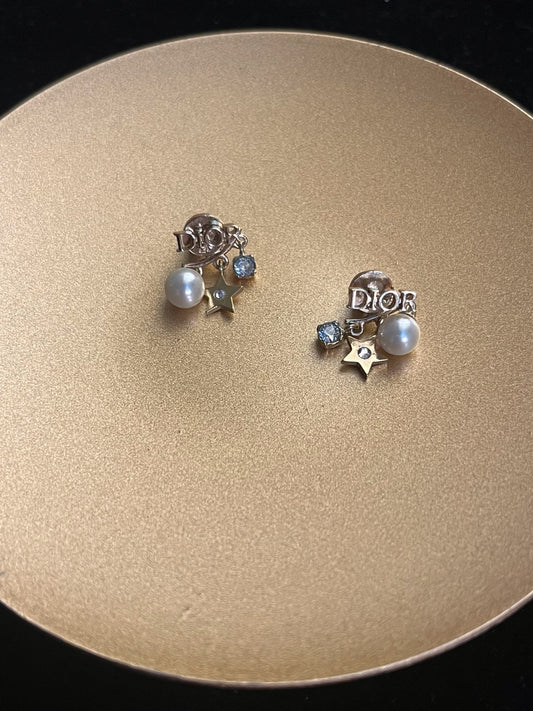Vintage Dior “Revolution” Double Pearl Star Charm Earrings