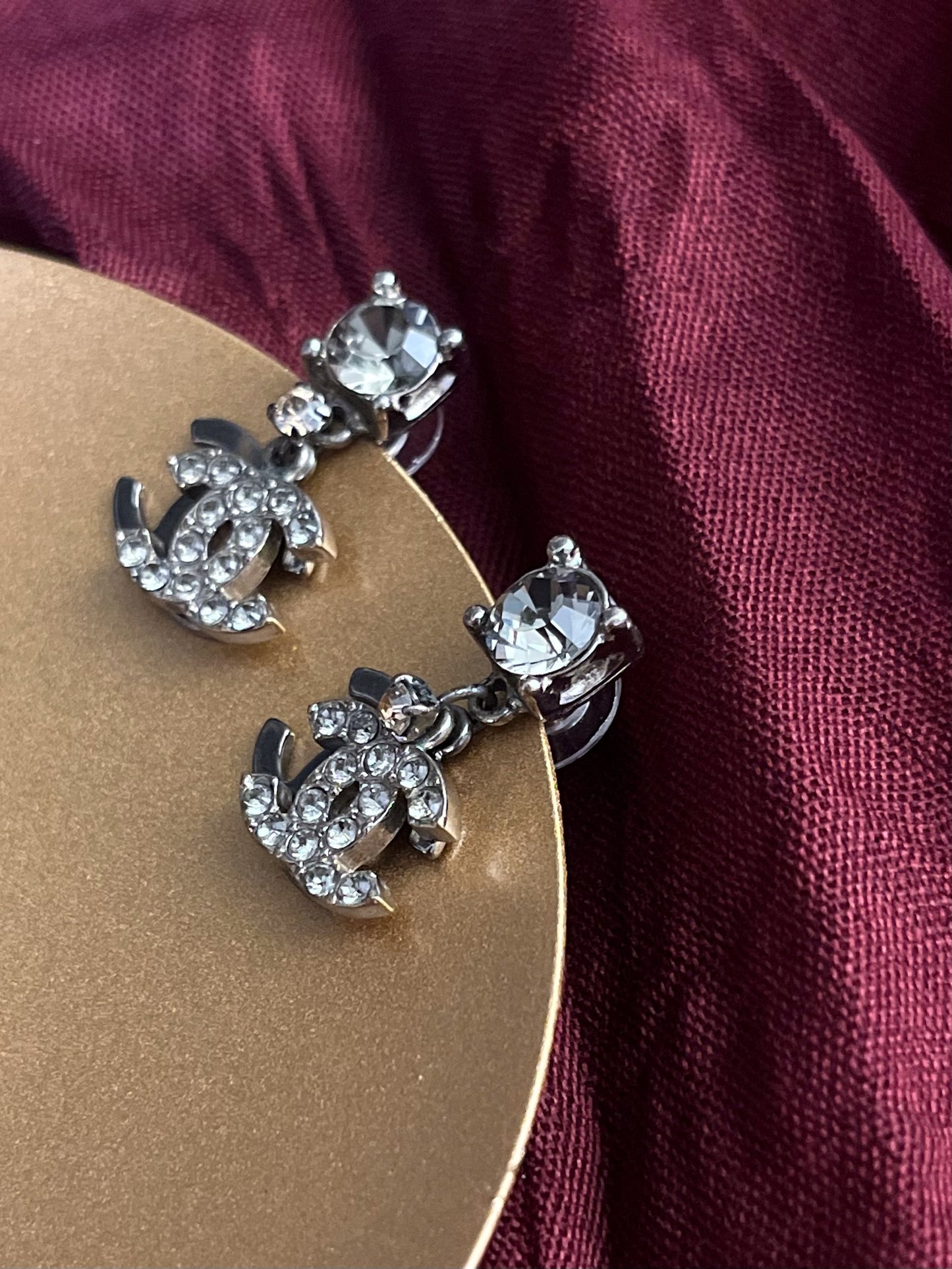 Chanel 2003 Black & Silver Double CC Crystal Drop Earrings