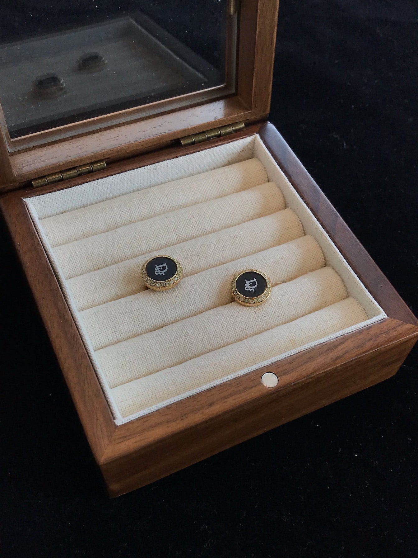 Vintage Dior Black & Gold Circular Crystal Ear Clips