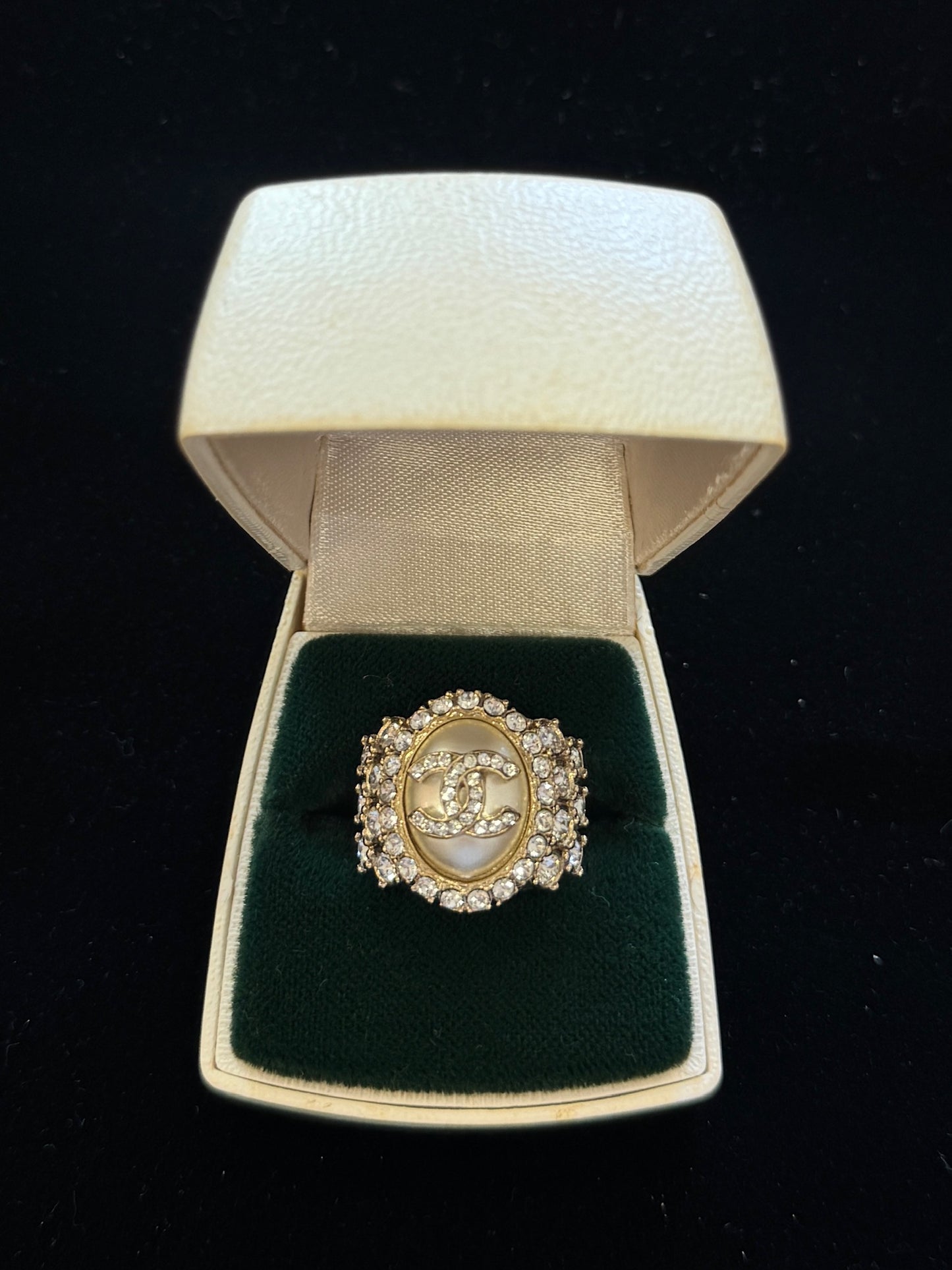 Chanel 2020 Gold-Tone CC Pearl Rhinestone Ring