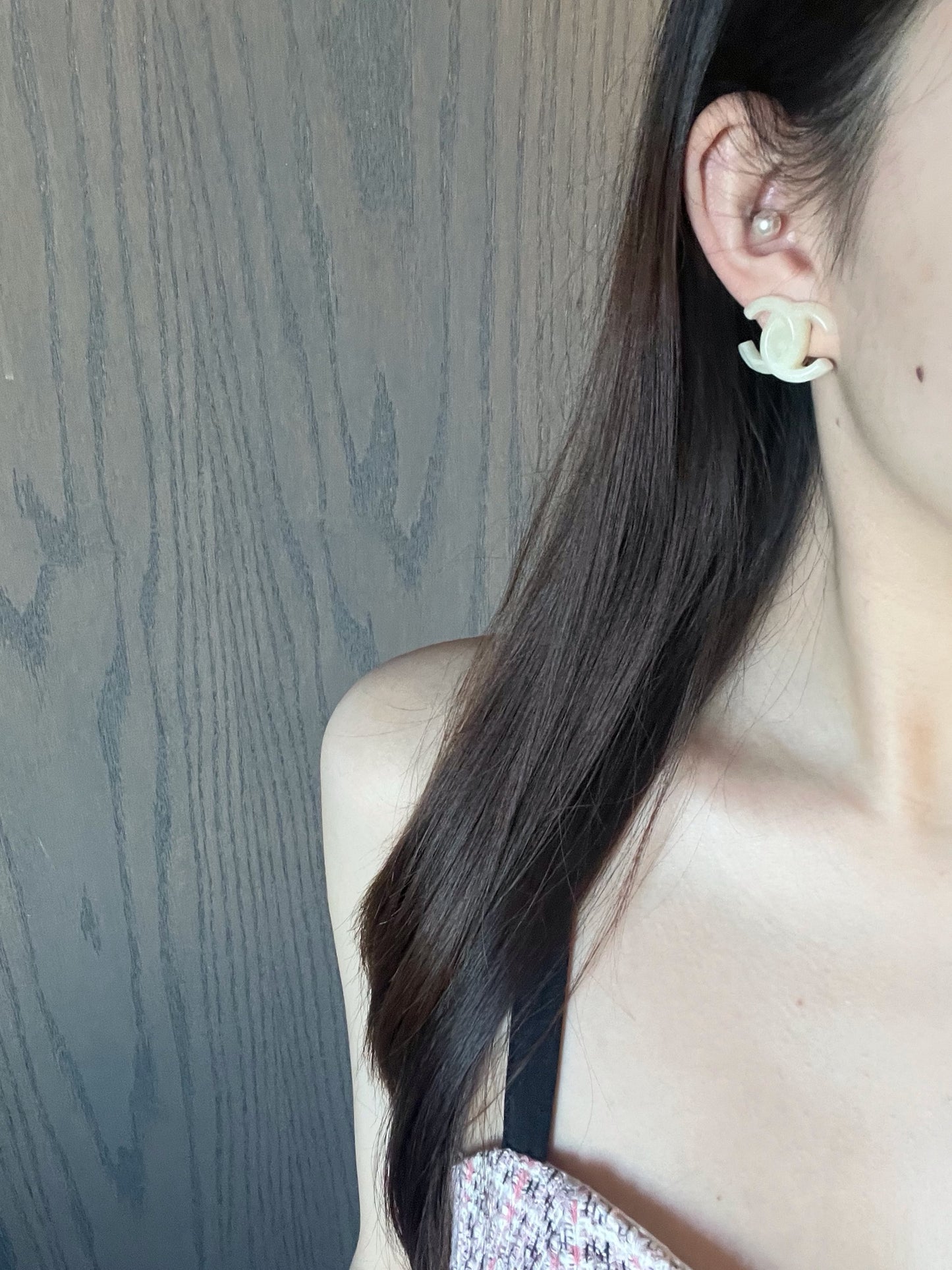 Chanel 2002 Milky White Faux Jade CC Clip-On Earrings