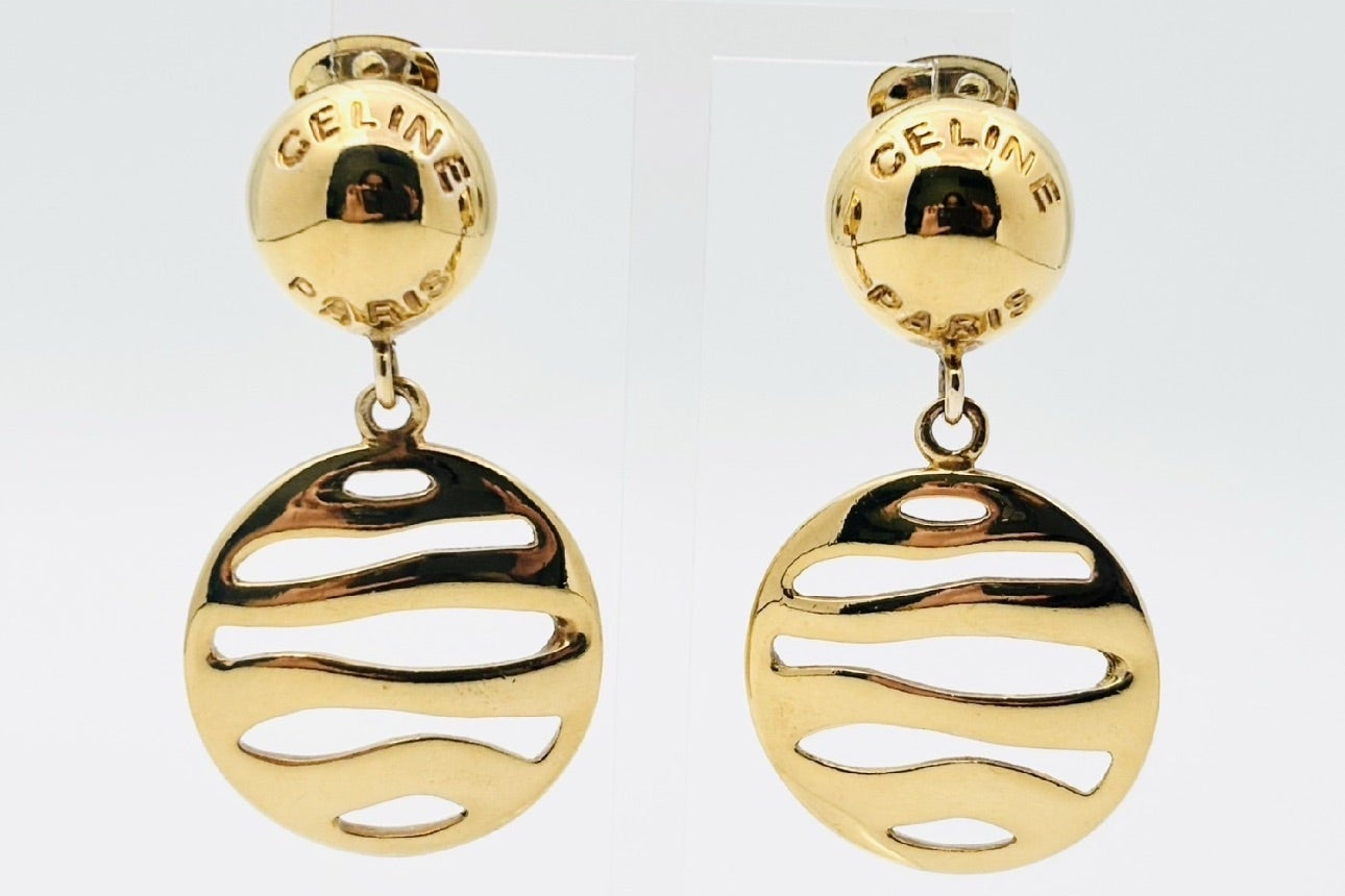 Celine Vintage Cutout Disc Drop Earrings (Gold Tone)