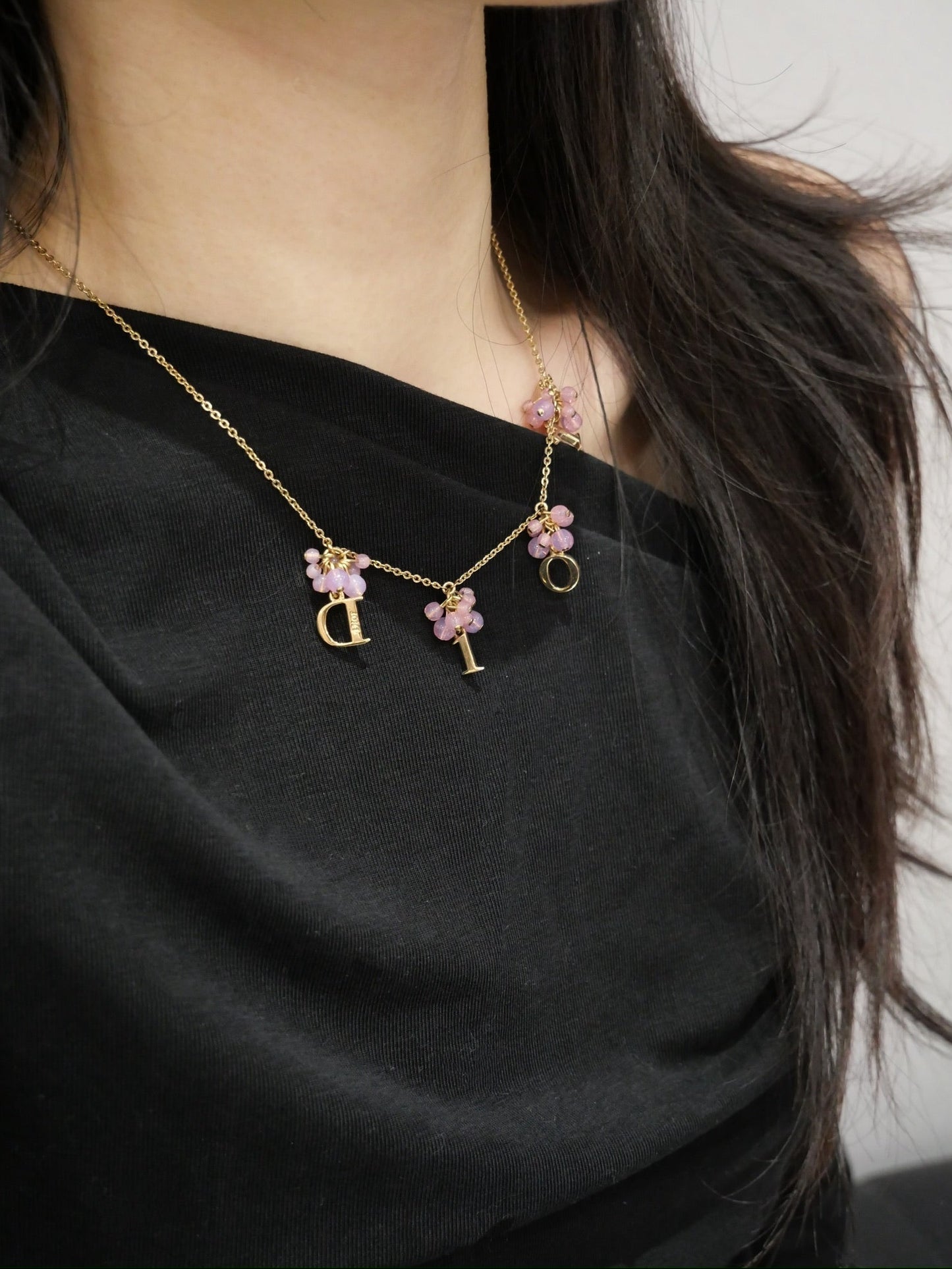 Vintage Dior Pink Crystal Charm Logo Necklace