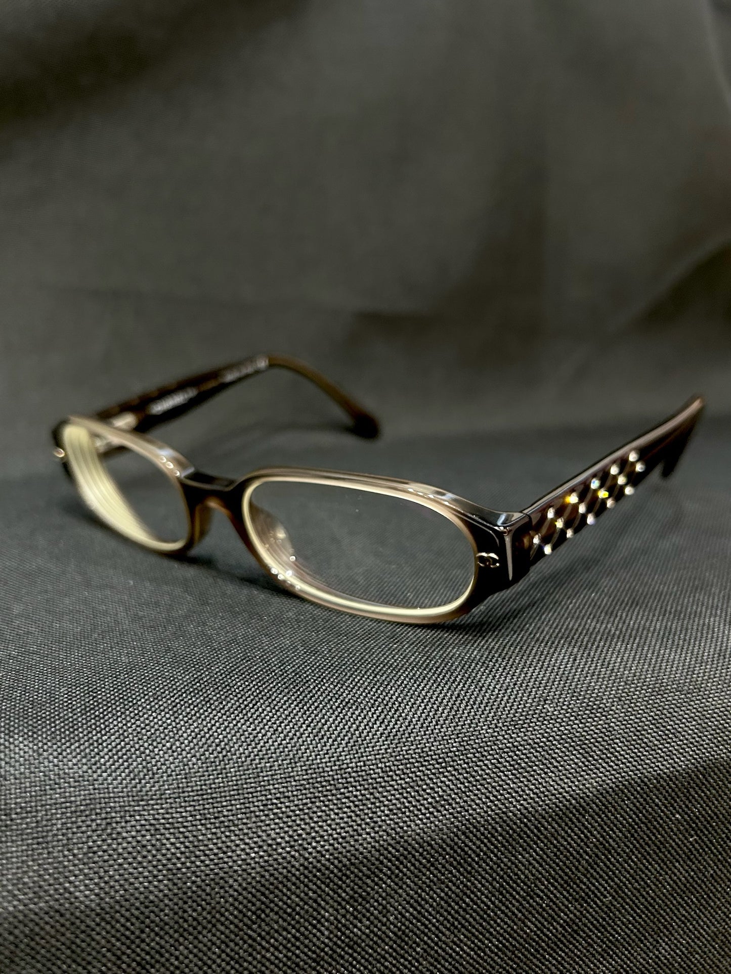 ON HOLD* Vintage Chanel Tortoiseshell Rectangular Glasses with Crystal-Embellished Temples