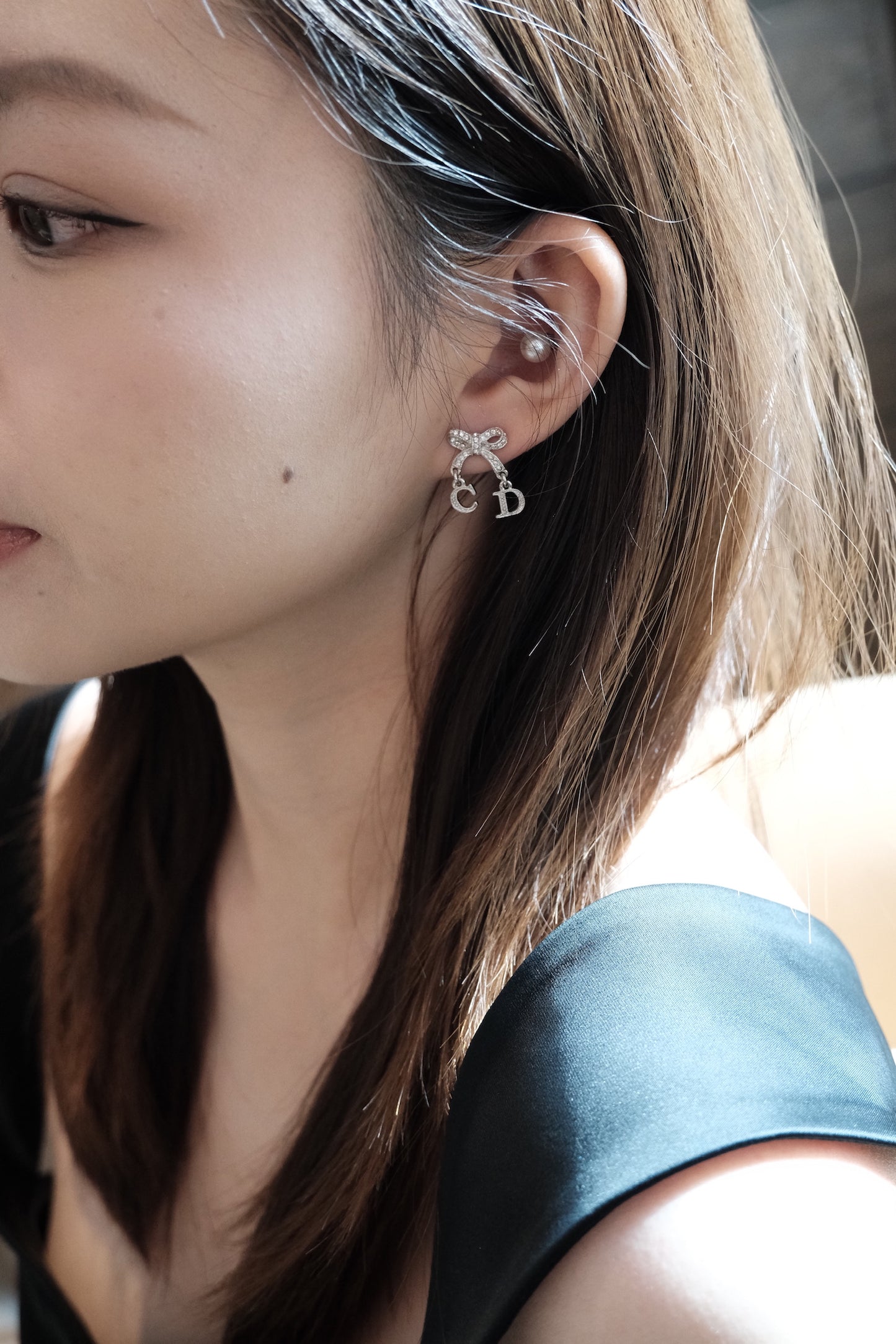 Dior Crystal Bow CD Charm Drop Earrings