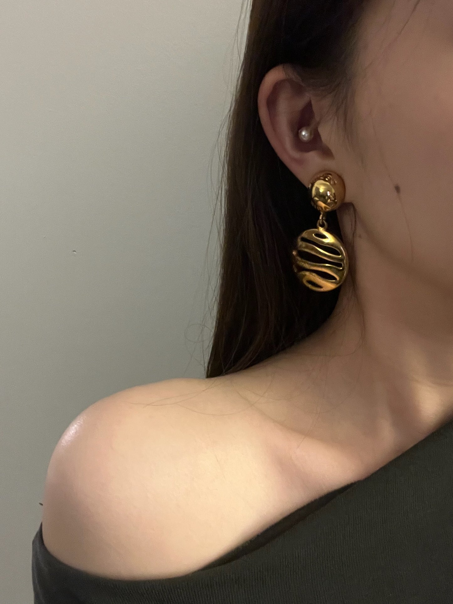 Celine Vintage Cutout Disc Drop Earrings (Gold Tone)