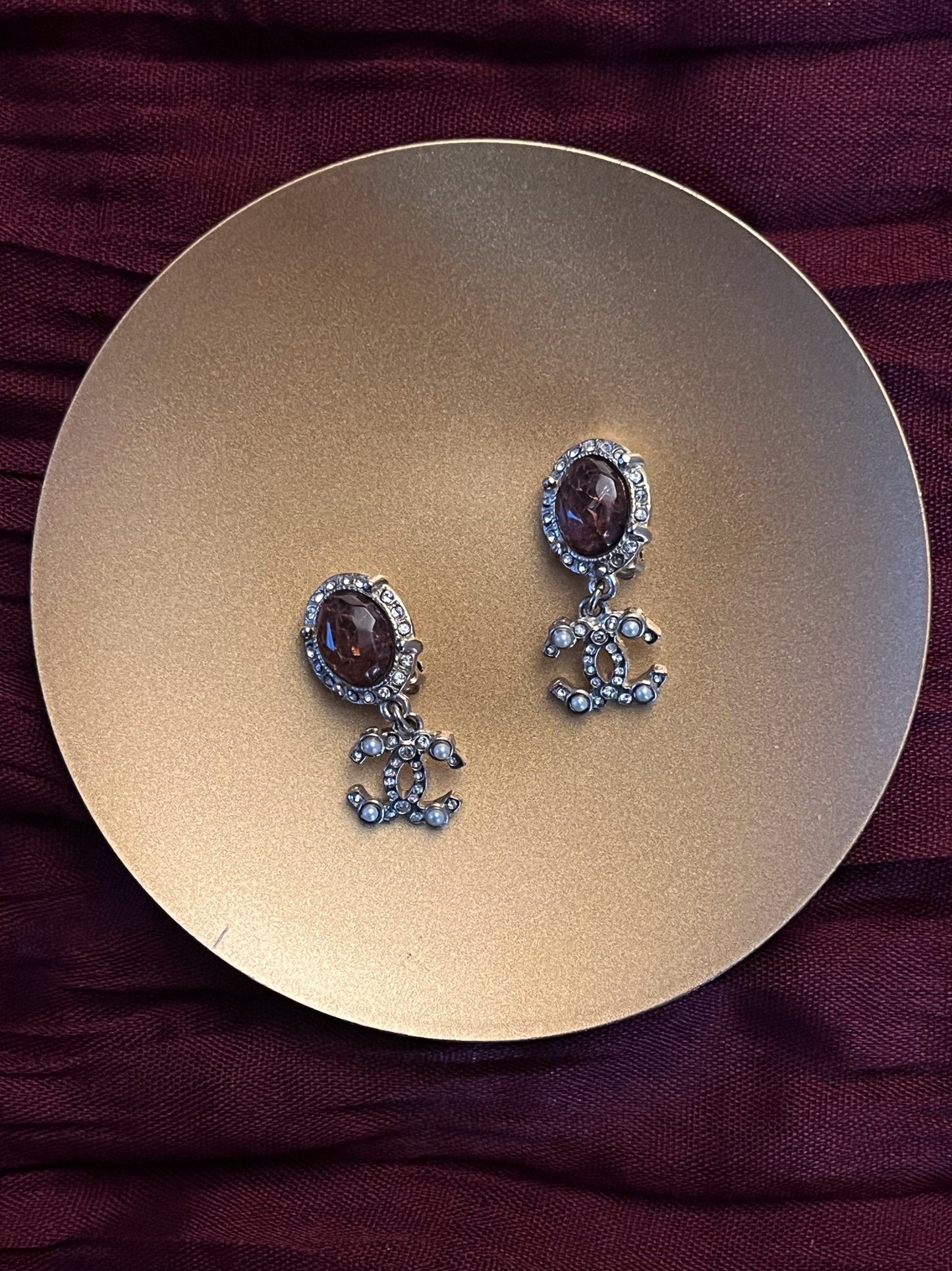 Vintage Chanel 2012 Red Agate Glass Double C Clip-On Earrings