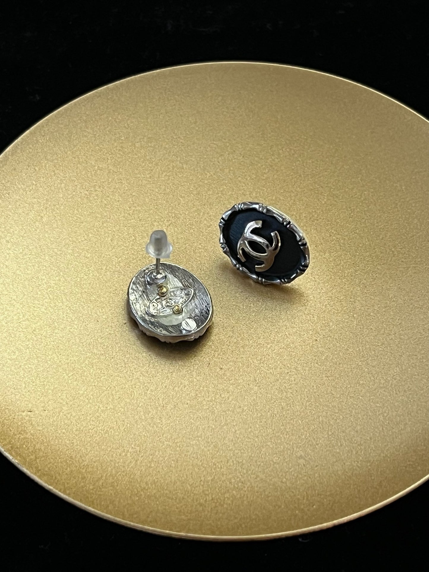 Chanel 1980s Black & Silver Shield Stud Earrings