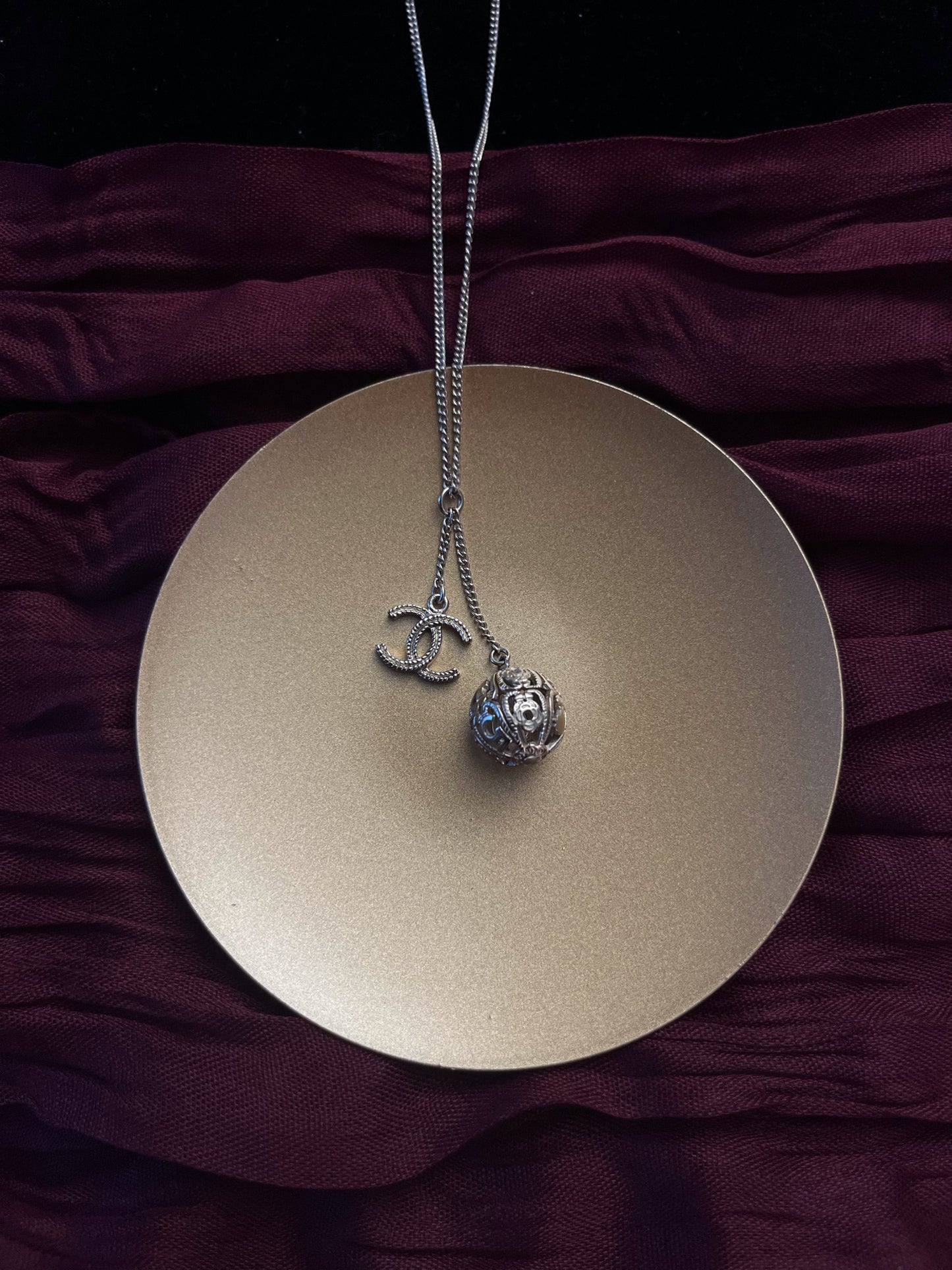 Chanel 2006 Champagne-Gold Filigree Sphere & CC Charm Necklace