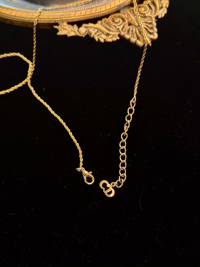 Dior Vintage Gold-Tone Script Logo Necklace with Crystal Accent