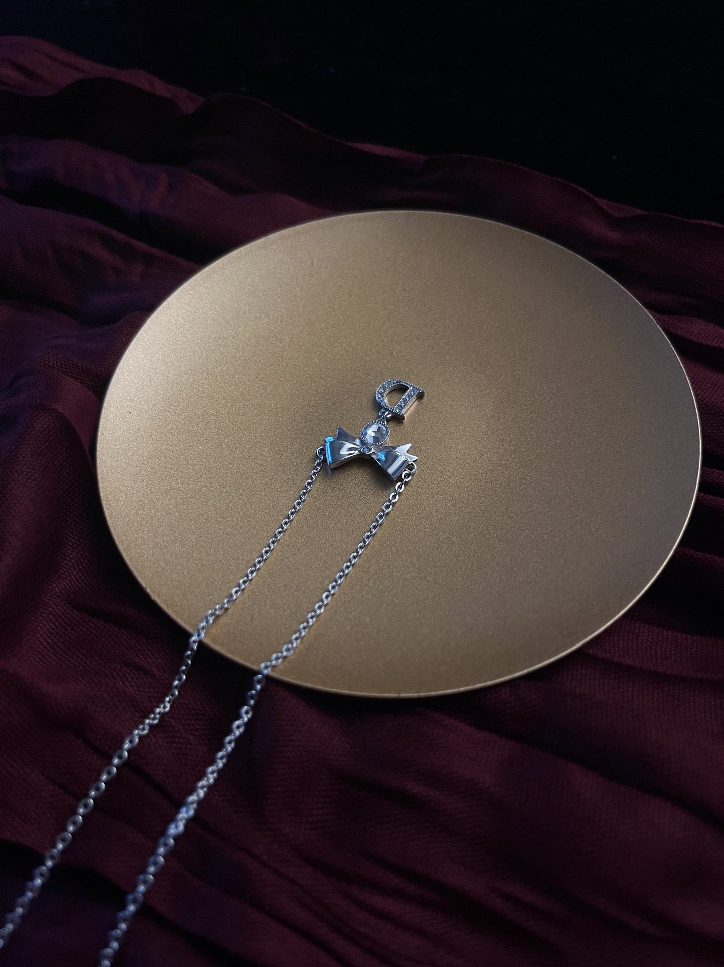 Vintage Dior Silver Bow & Crystal 'D’ Logo Pendant Necklace