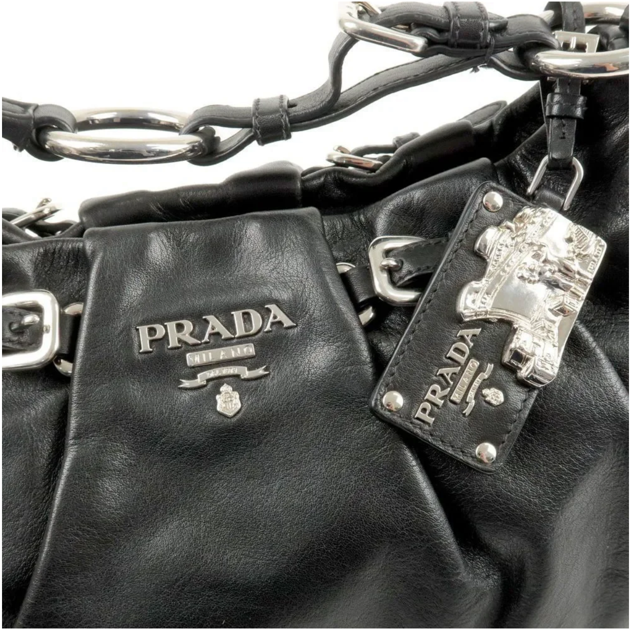 Vintage Prada Black Lambskin Ruched Shoulder Bag with Silver Hardware (Rare piece)