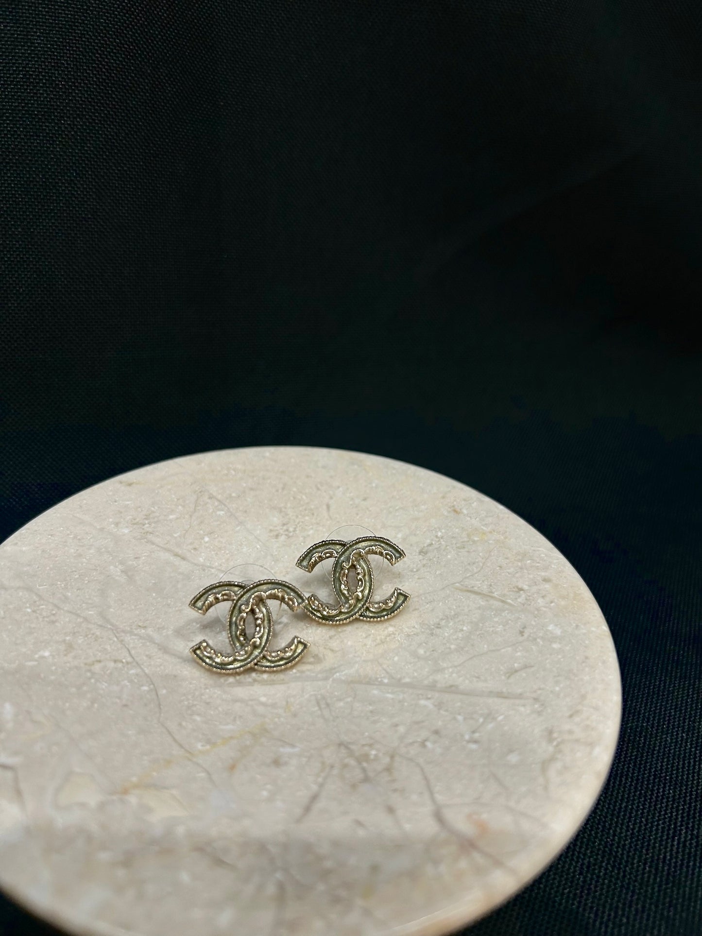 Chanel 2013 Dark Green Golden CC Logo Stud Earrings
