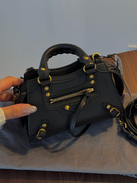 Balenciaga Black Leather Mini City Bag with Gold Hardware (With Pouch)
