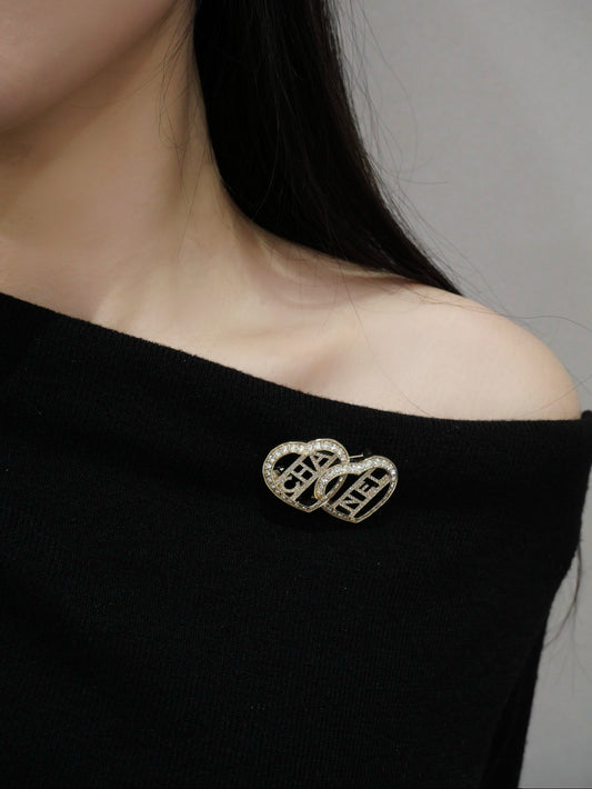 Chanel 2023 Crystal Double Heart CC Brooch
