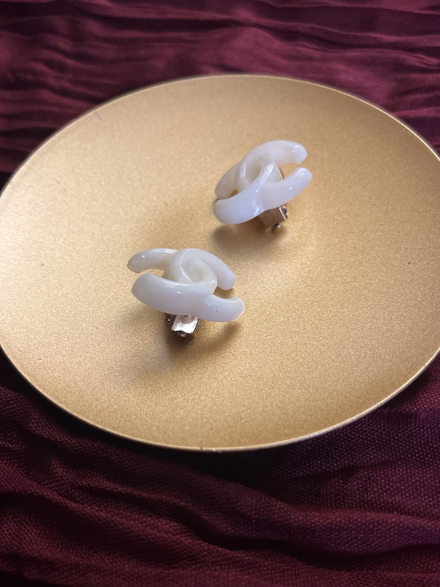 Chanel 2002 Milky White Faux Jade CC Clip-On Earrings