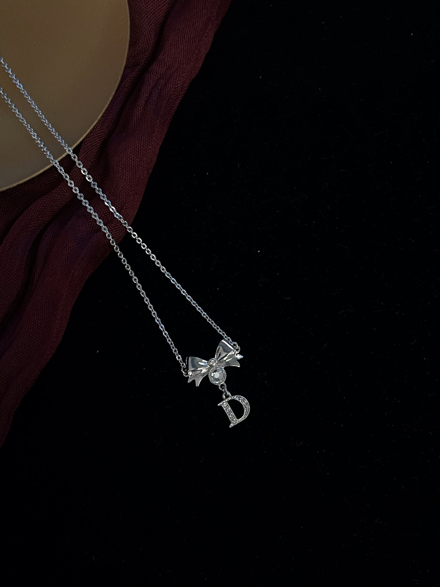 Vintage Dior Silver Bow & Crystal 'D’ Logo Pendant Necklace