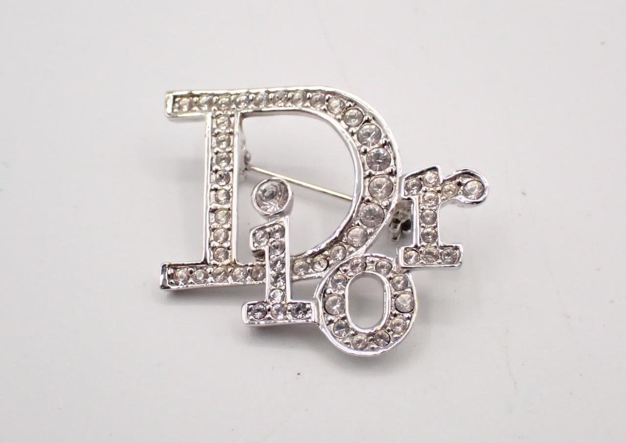 Vintage Dior Silver Crystal Logo Brooch