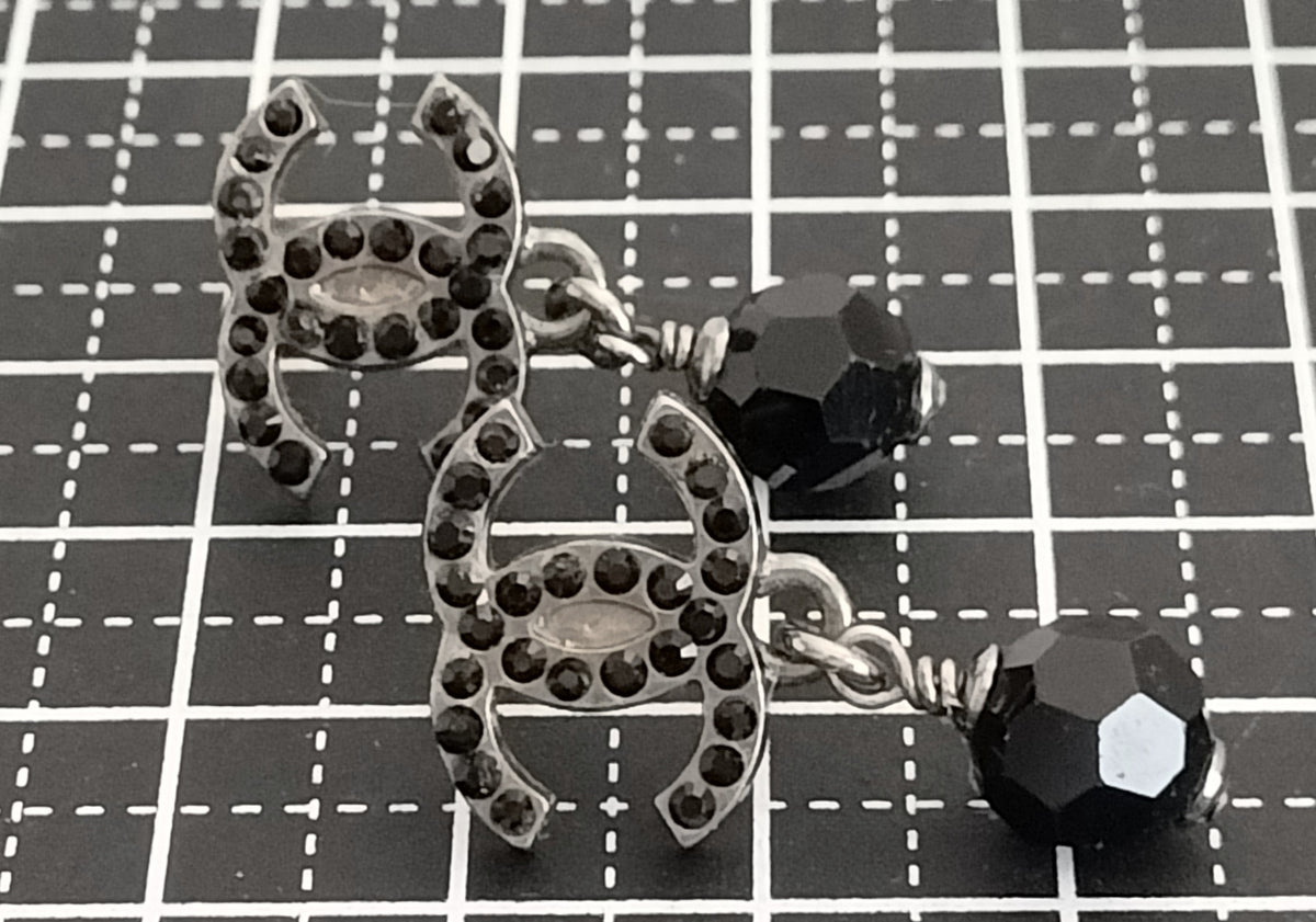 Chanel All Black Crystal CC Drop Earrings
