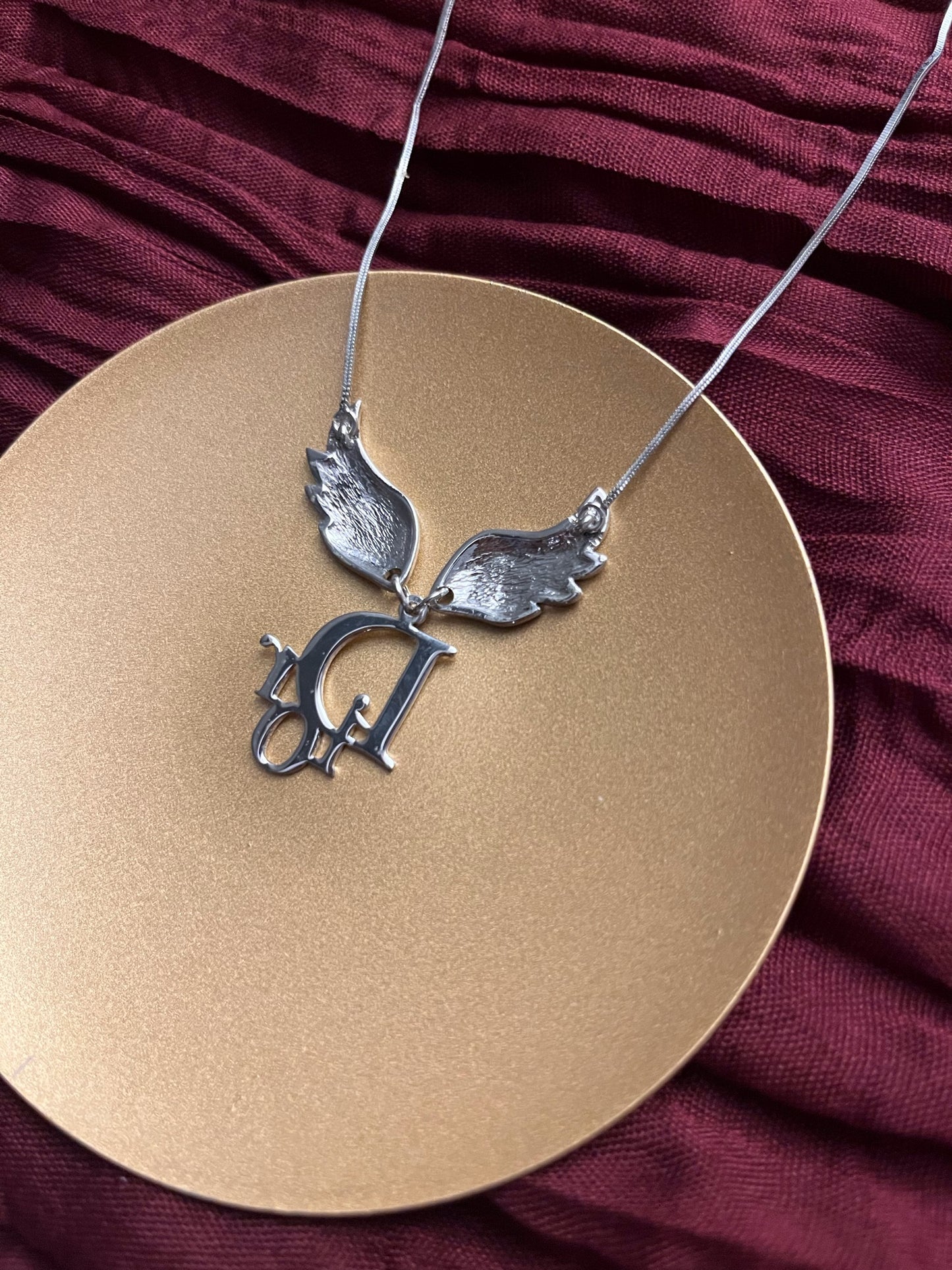 Dior Vintage Silver Angel Wing Logo Necklace