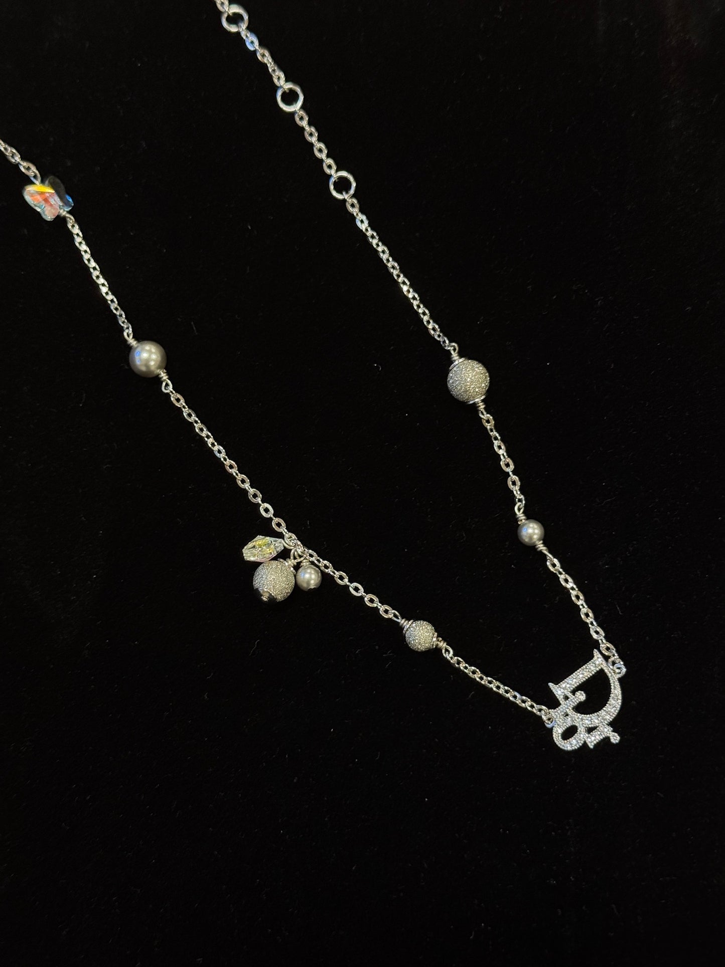 Vintage Dior Crystal Logo Charm Necklace – Silver Tone