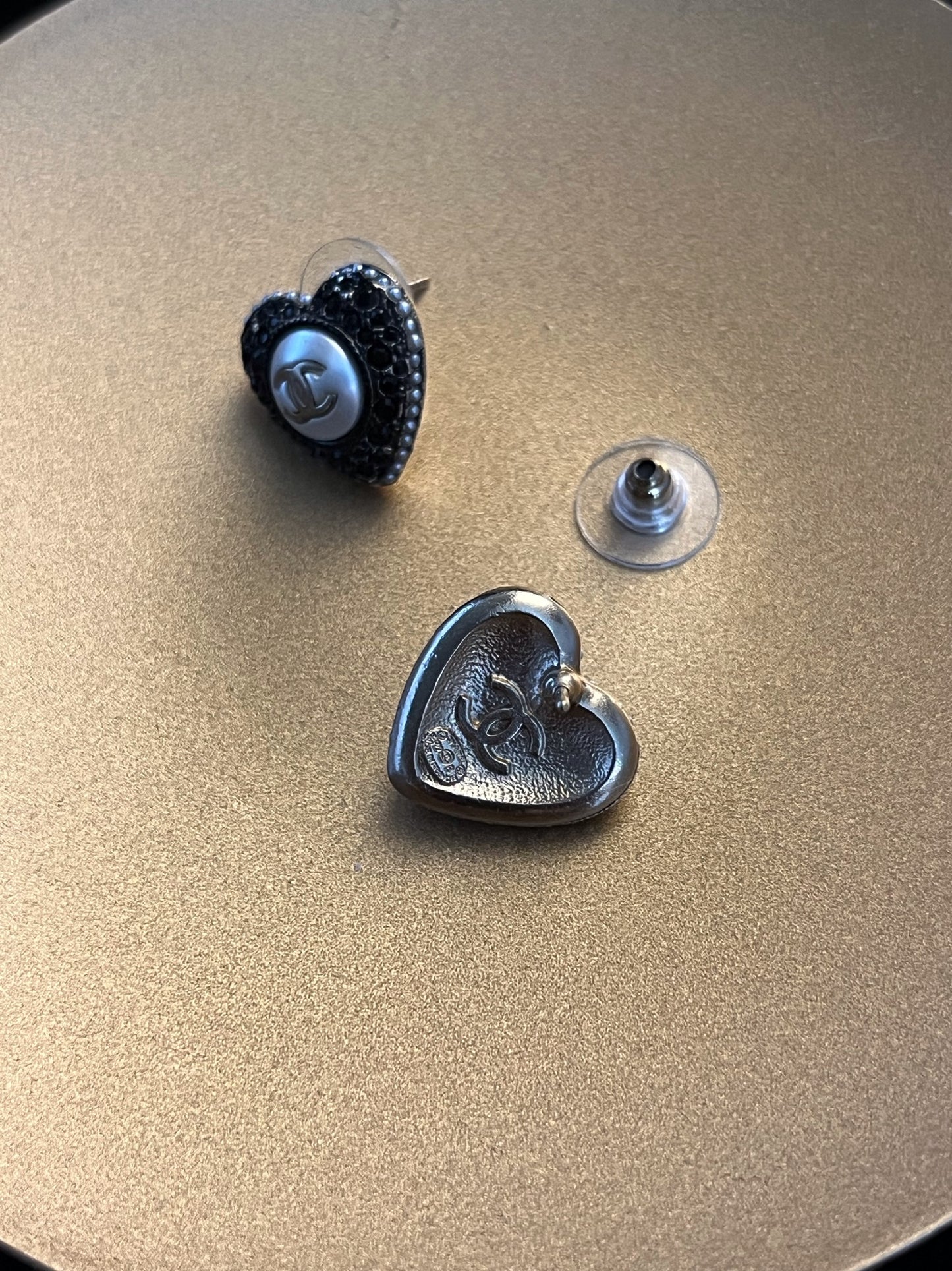 Chanel 2022 CC Black Crystal Heart Stud Earrings