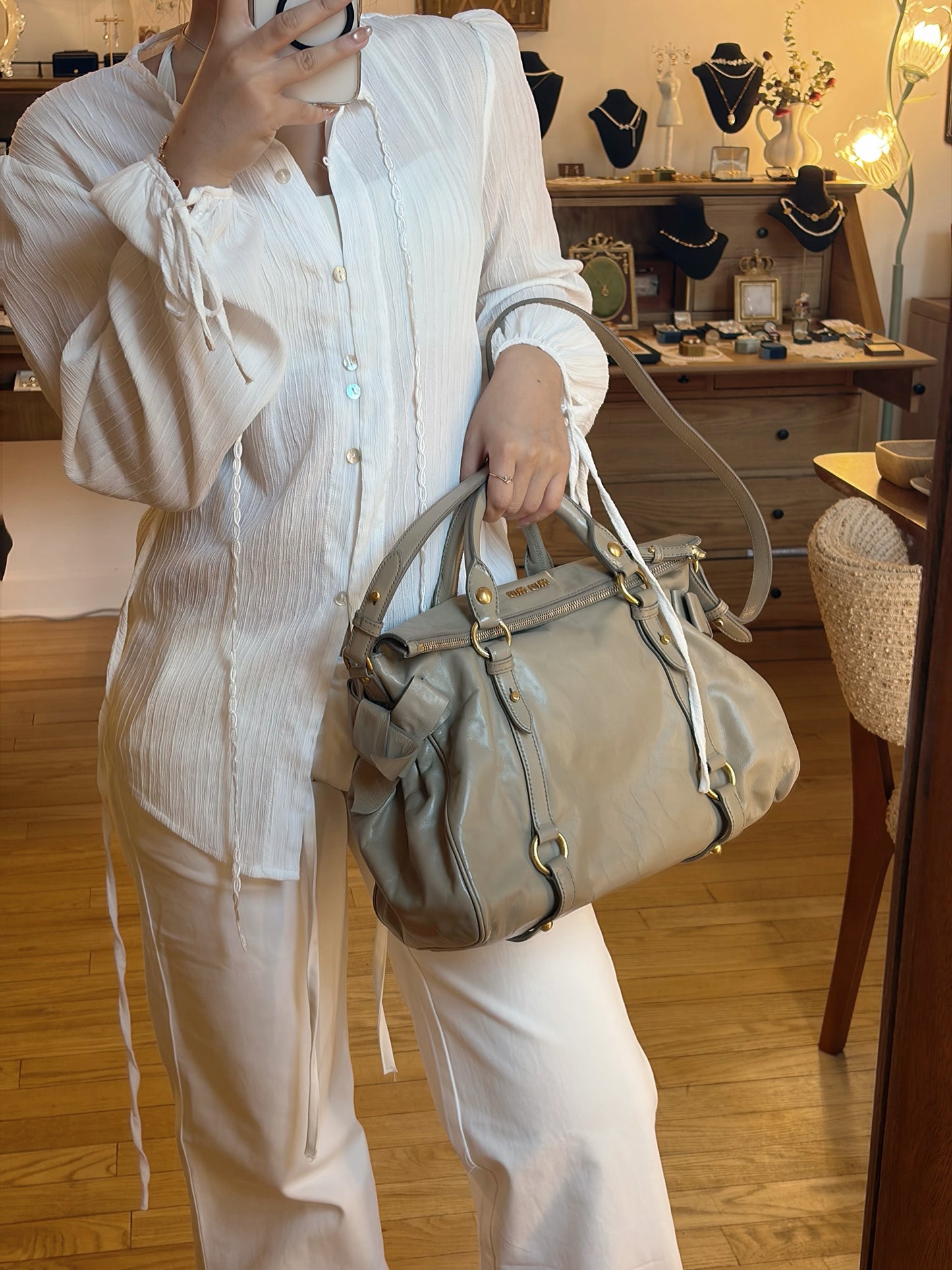 Miu Miu Vitello Lux Bow Satchel – Taupe Grey