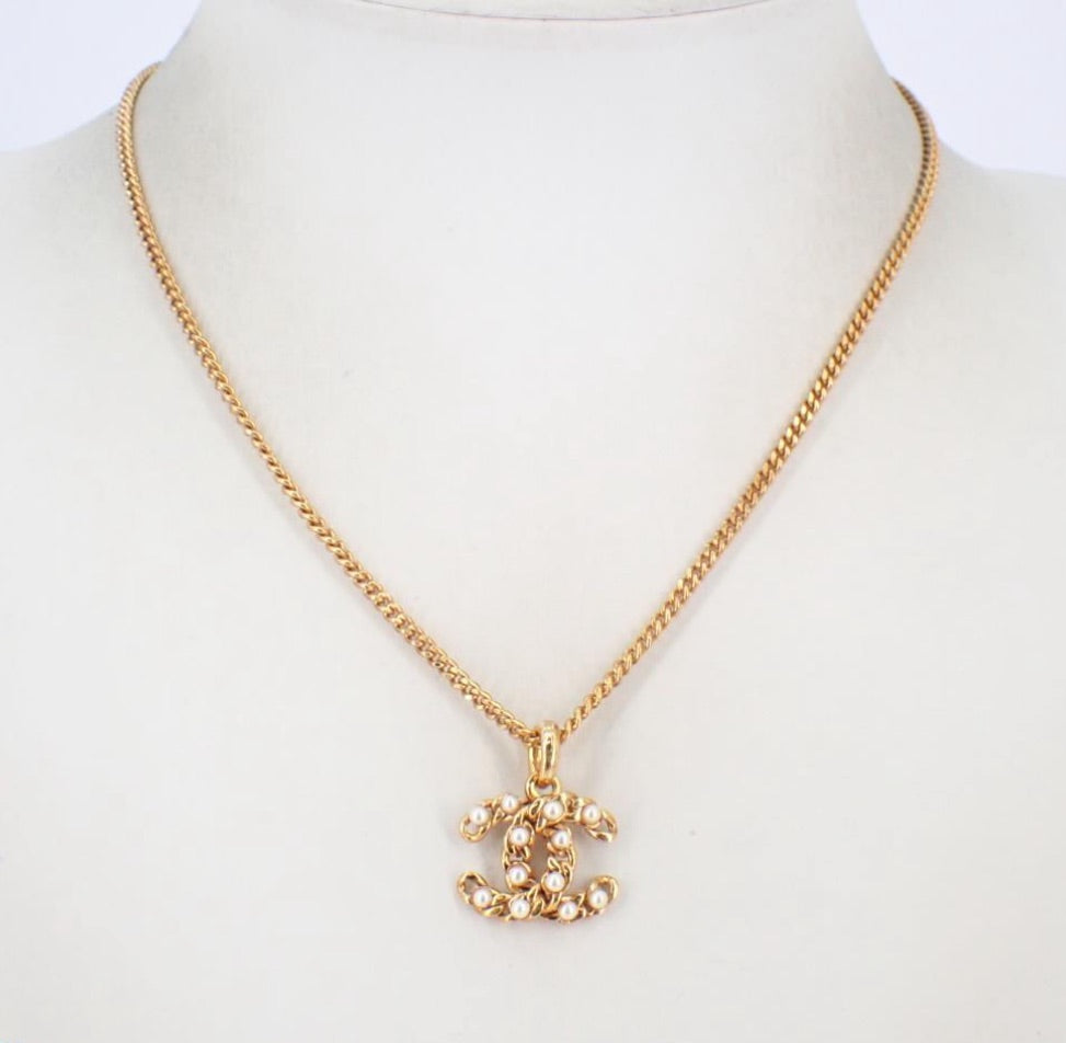 Chanel Vintage Pearl CC Pendant Necklace (plated gold)