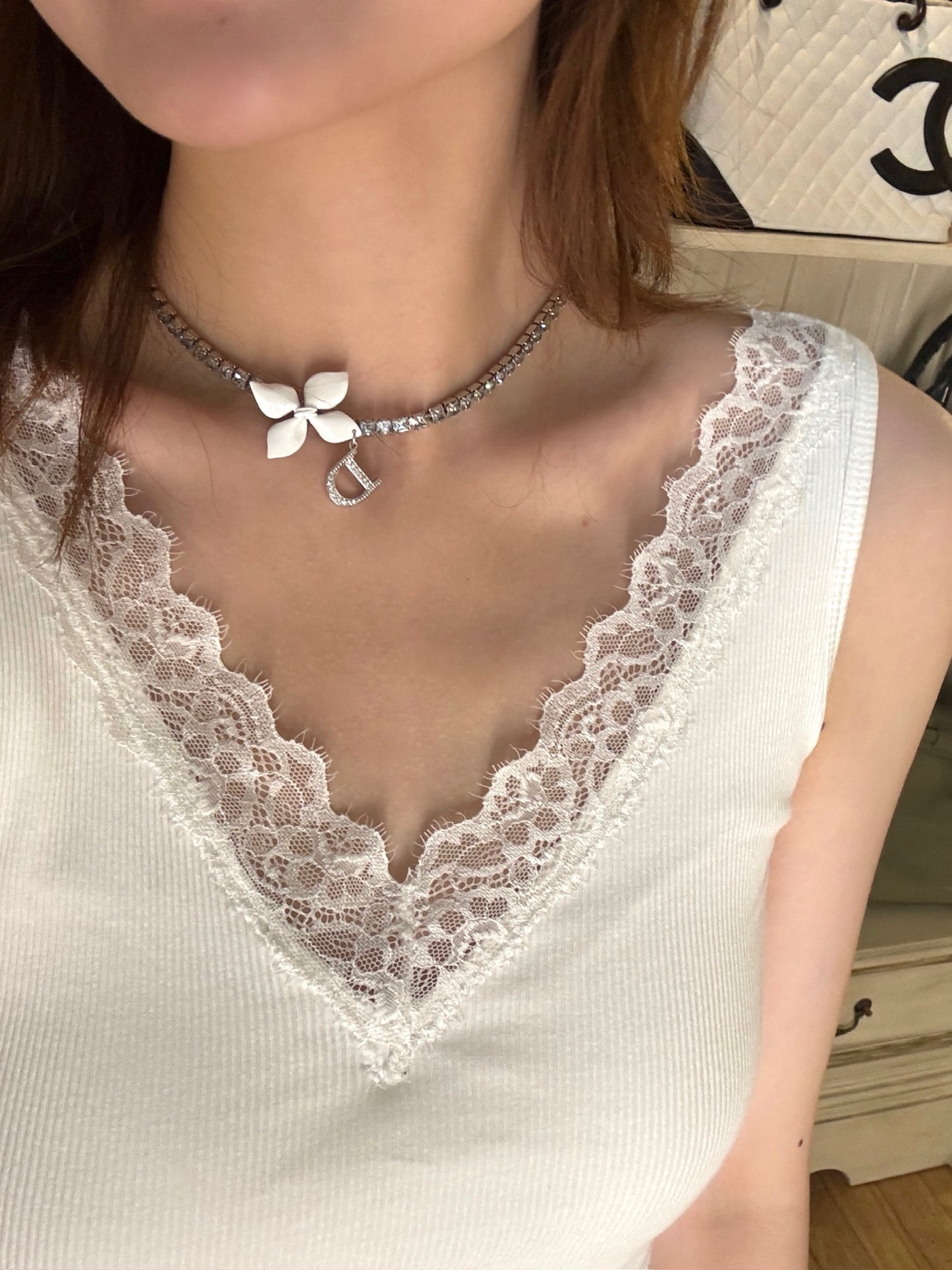 Christian Dior Vintage White Floral Charm Crystal Choker Necklace