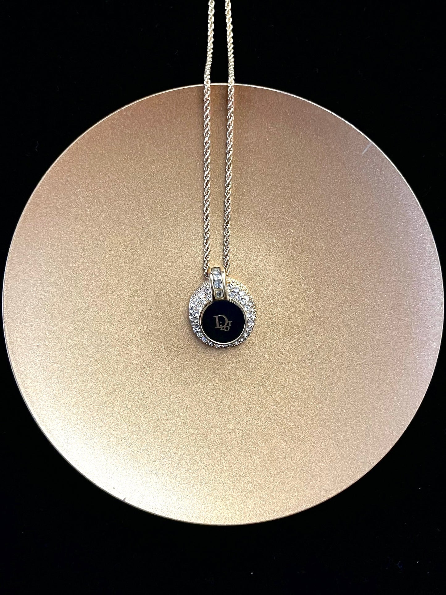 Dior Vintage Black & Gold Crystal-Edged Logo Necklace