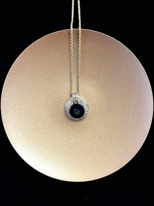 Dior Vintage Black & Gold Crystal-Edged Logo Necklace
